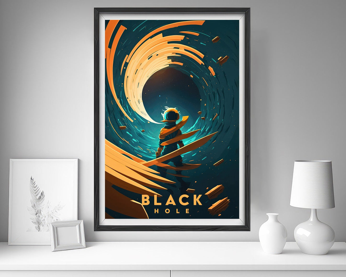 Framed Black Hole Space Milky Way Travel Poster in Portrait orientation, minimal background, close up wall art print 5