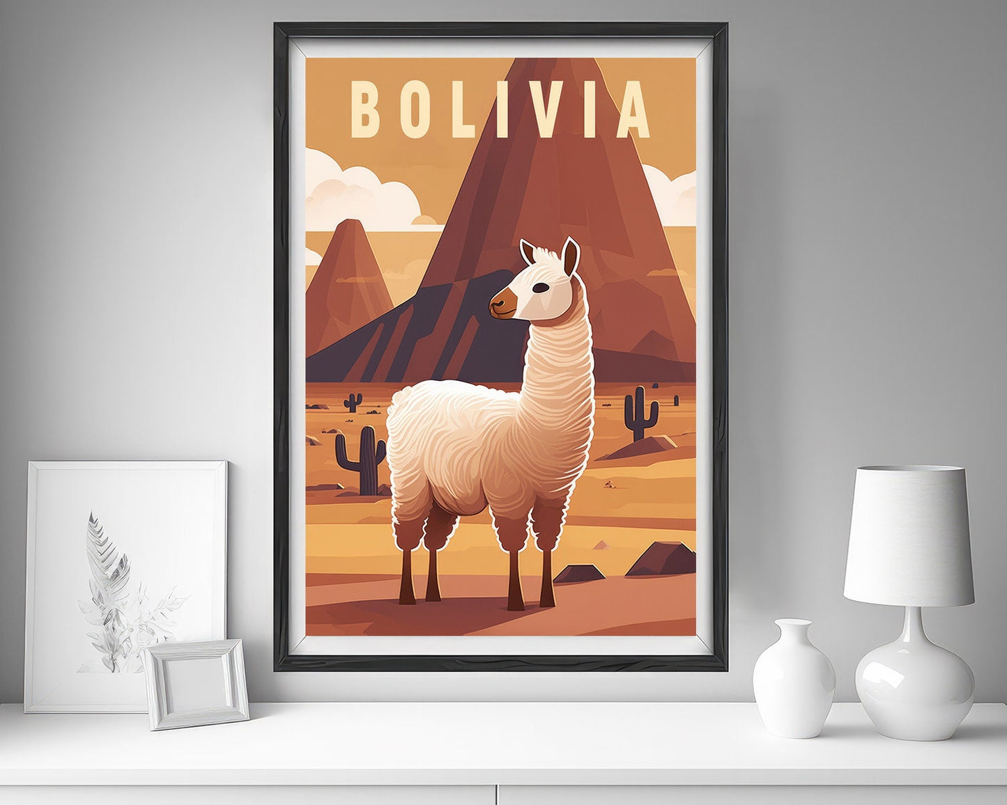Framed Bolivia Llama Travel Poster in Portrait orientation, minimal background, close up wall art print 5