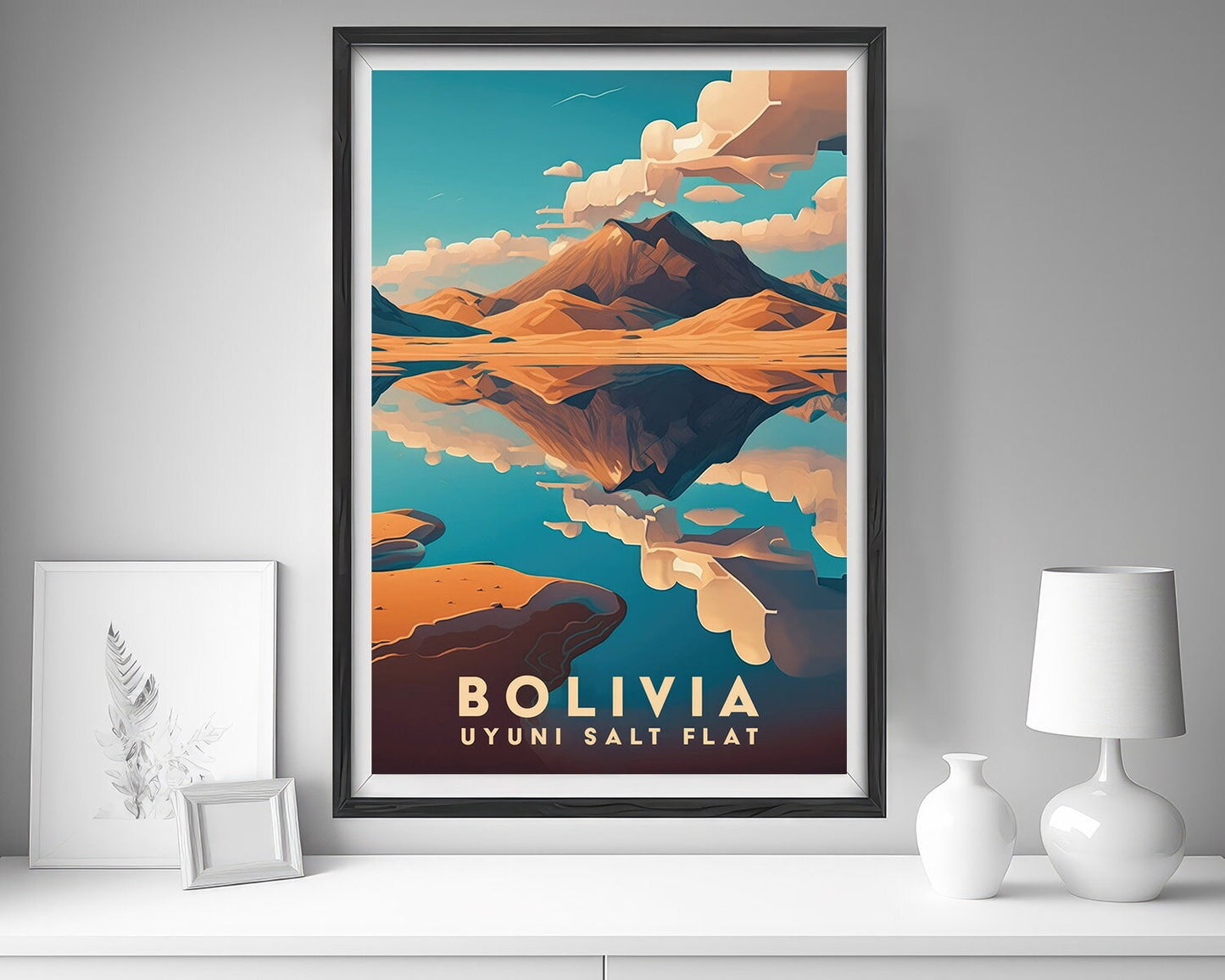 Framed Bolivia Uyuni Salt Flat Travel Poster in Portrait orientation, minimal background, close up wall art print 5