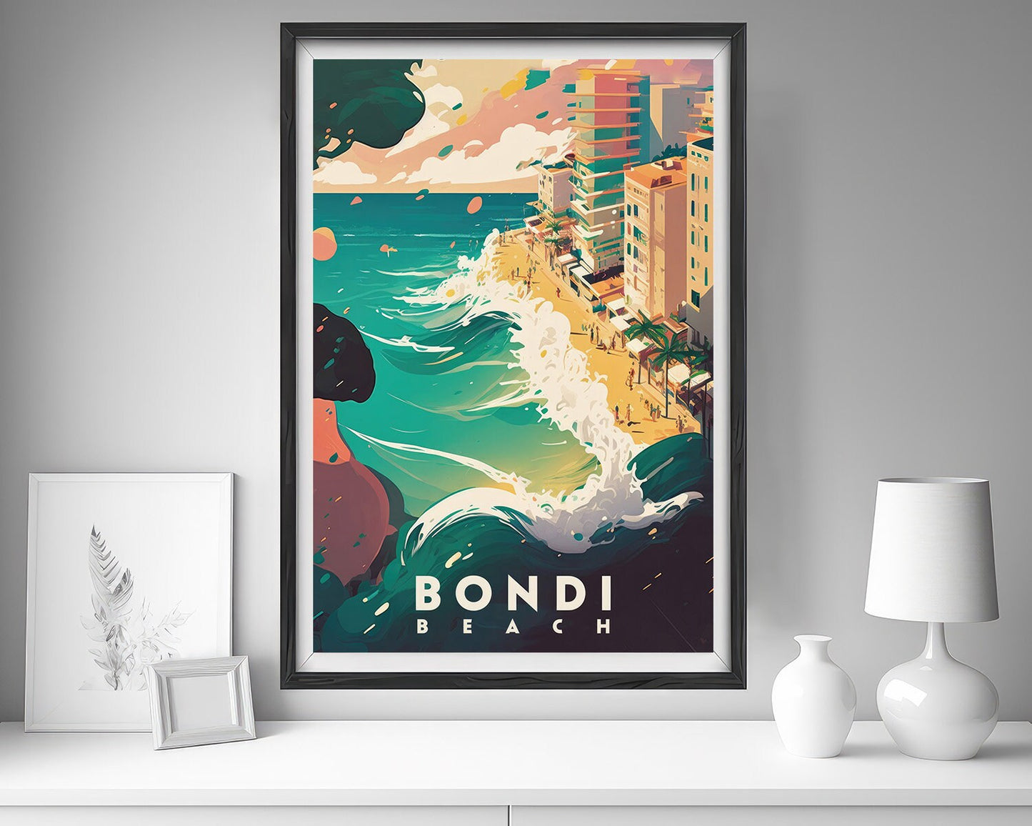 Framed Bondi Beach Sydney Travel Poster in Portrait orientation, minimal background, close up wall art print 5