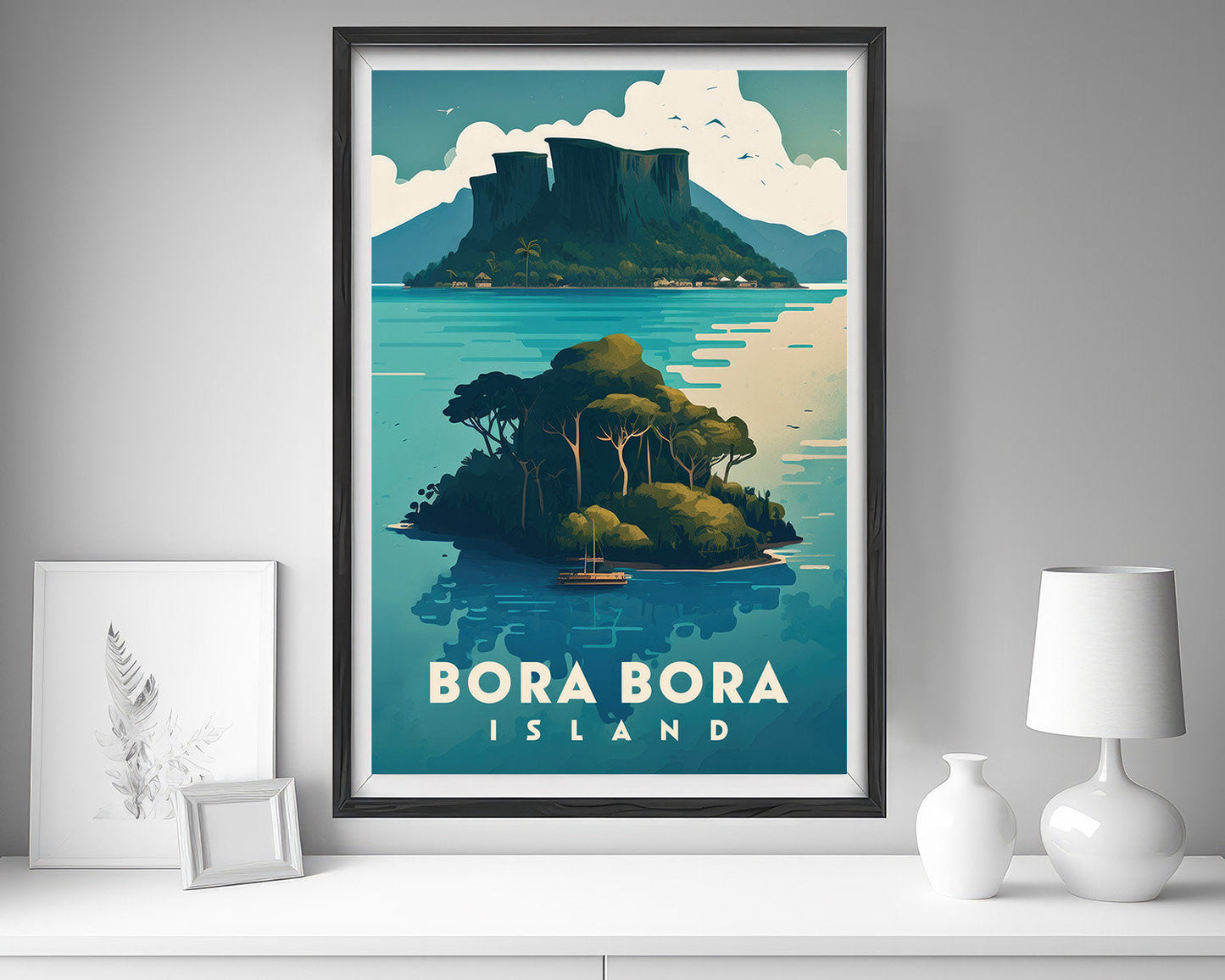 Framed Bora Bora Island Travel Poster in Portrait orientation, minimal background, close up wall art print 5
