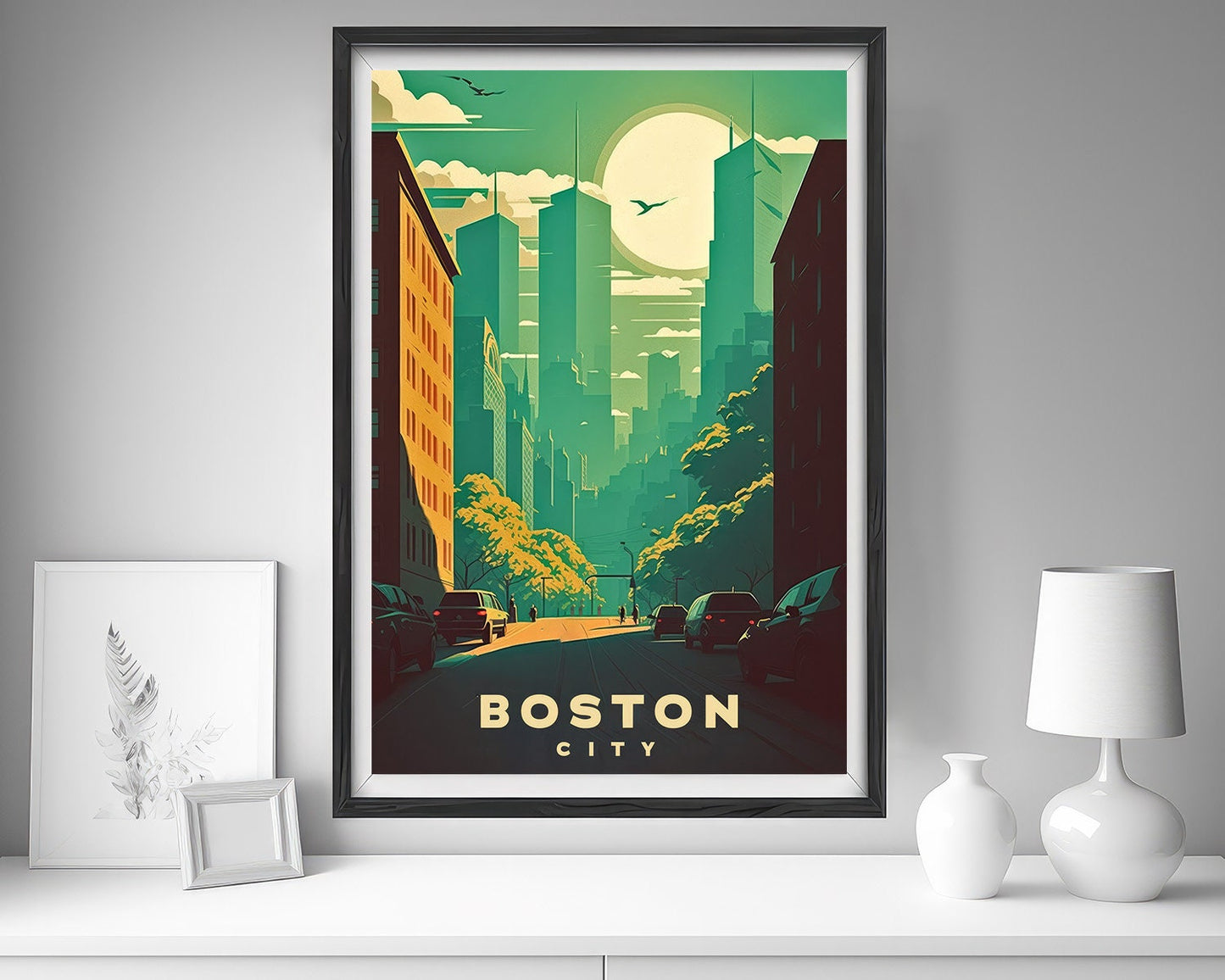 Framed Boston America Travel Poster in Portrait orientation, minimal background, close up wall art print 5