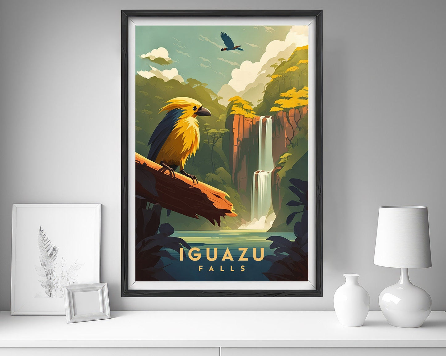 Framed Brazil Iguazu Falls Waterfall Travel Poster in Portrait orientation, minimal background, close up wall art print 5