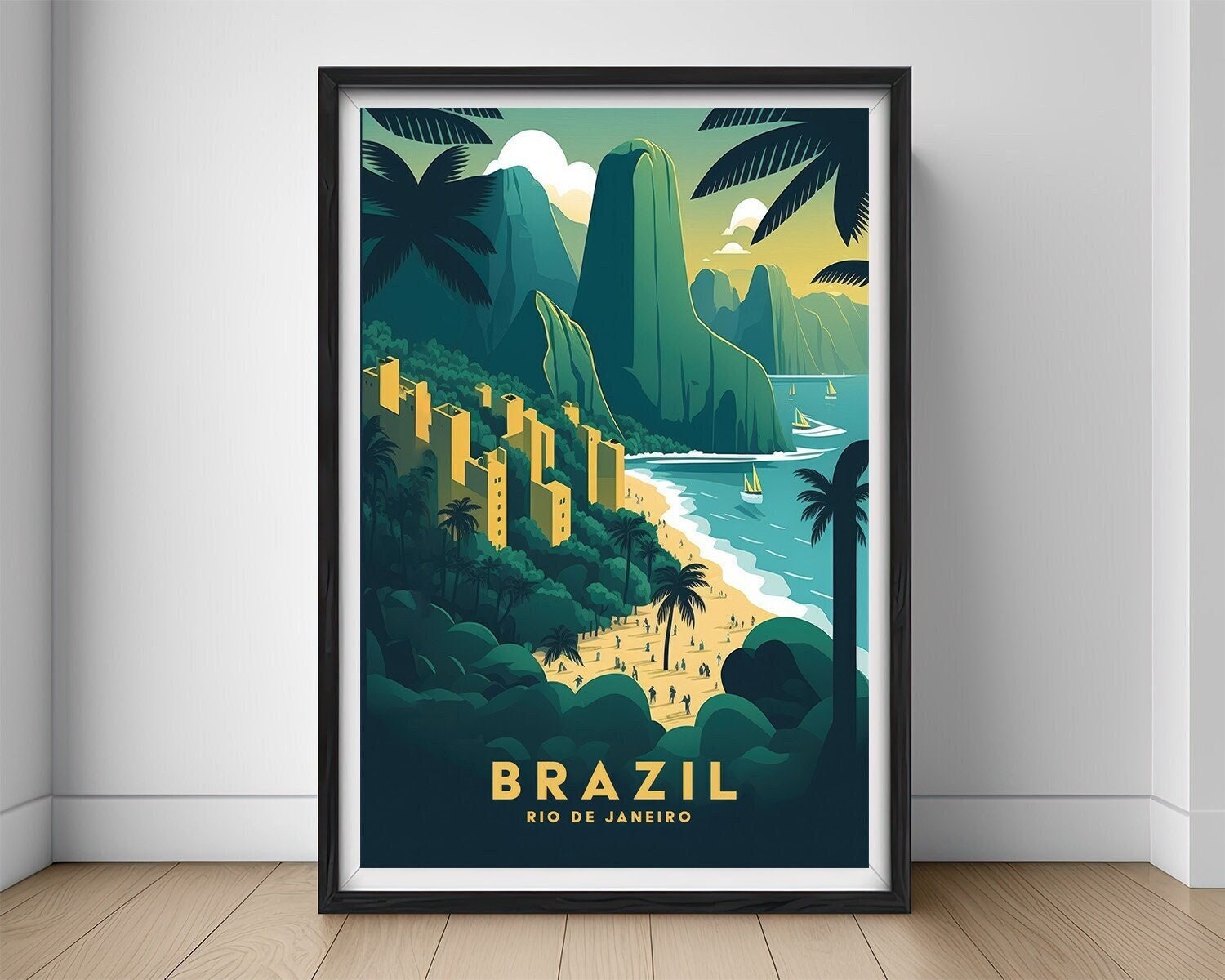 Framed Brazil Rio de Janeiro Travel Poster in Portrait orientation, minimal background, close up wall art print 1