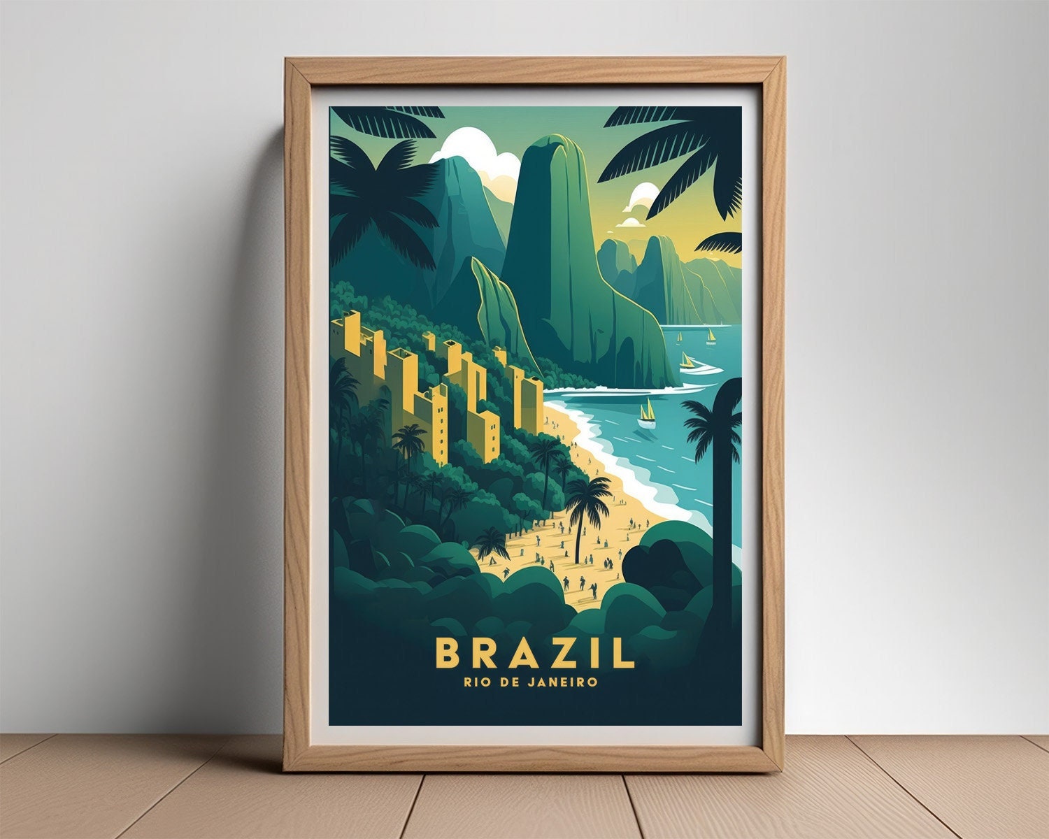 Framed Brazil Rio de Janeiro Travel Poster in Portrait orientation, minimal background, close up wall art print 2