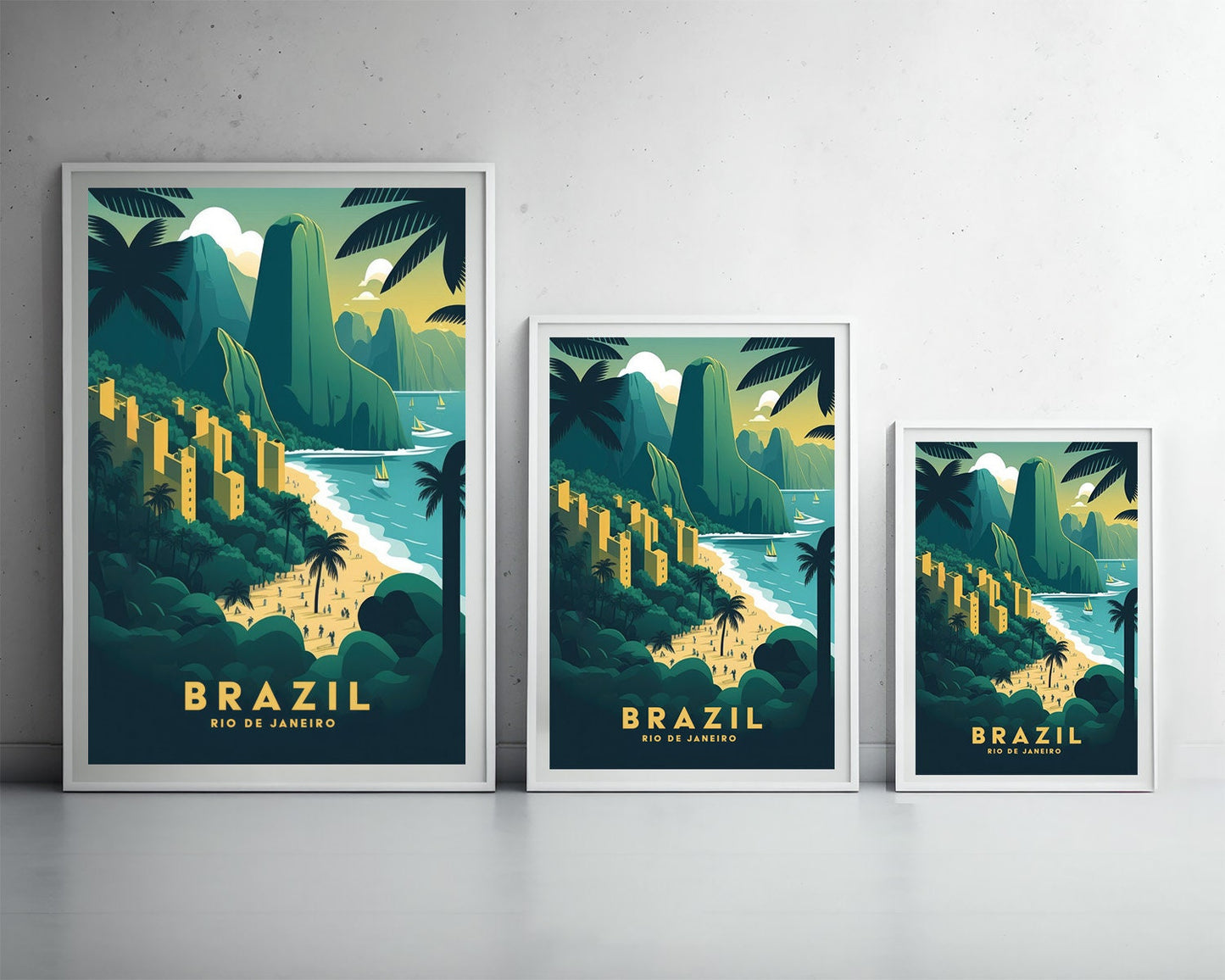 Framed Brazil Rio de Janeiro Travel Poster in Portrait orientation, minimal background, close up wall art print 3