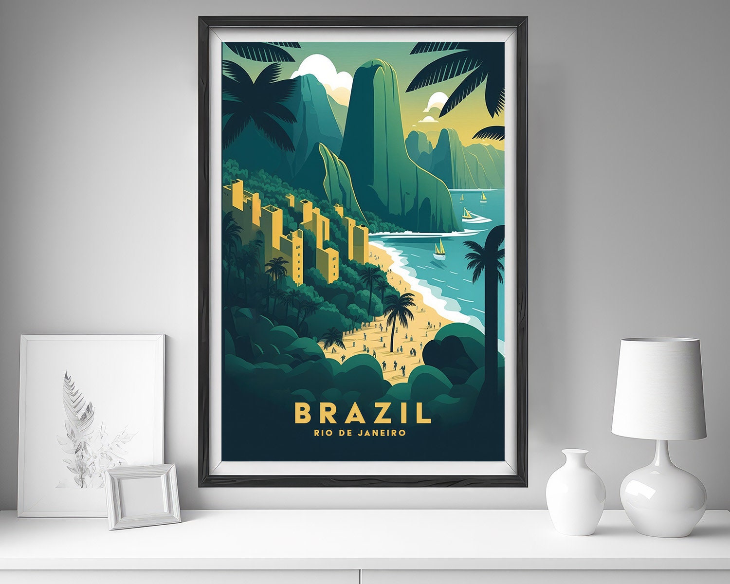 Framed Brazil Rio de Janeiro Travel Poster in Portrait orientation, minimal background, close up wall art print 5