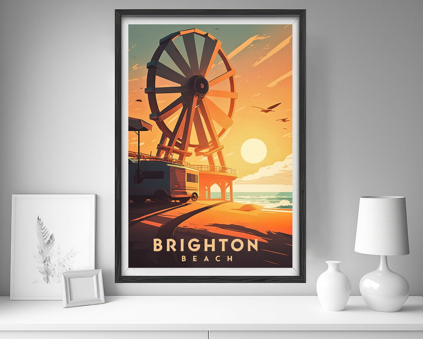 Framed Brighton Beach England UK Travel Poster in Portrait orientation, minimal background, close up wall art print 5