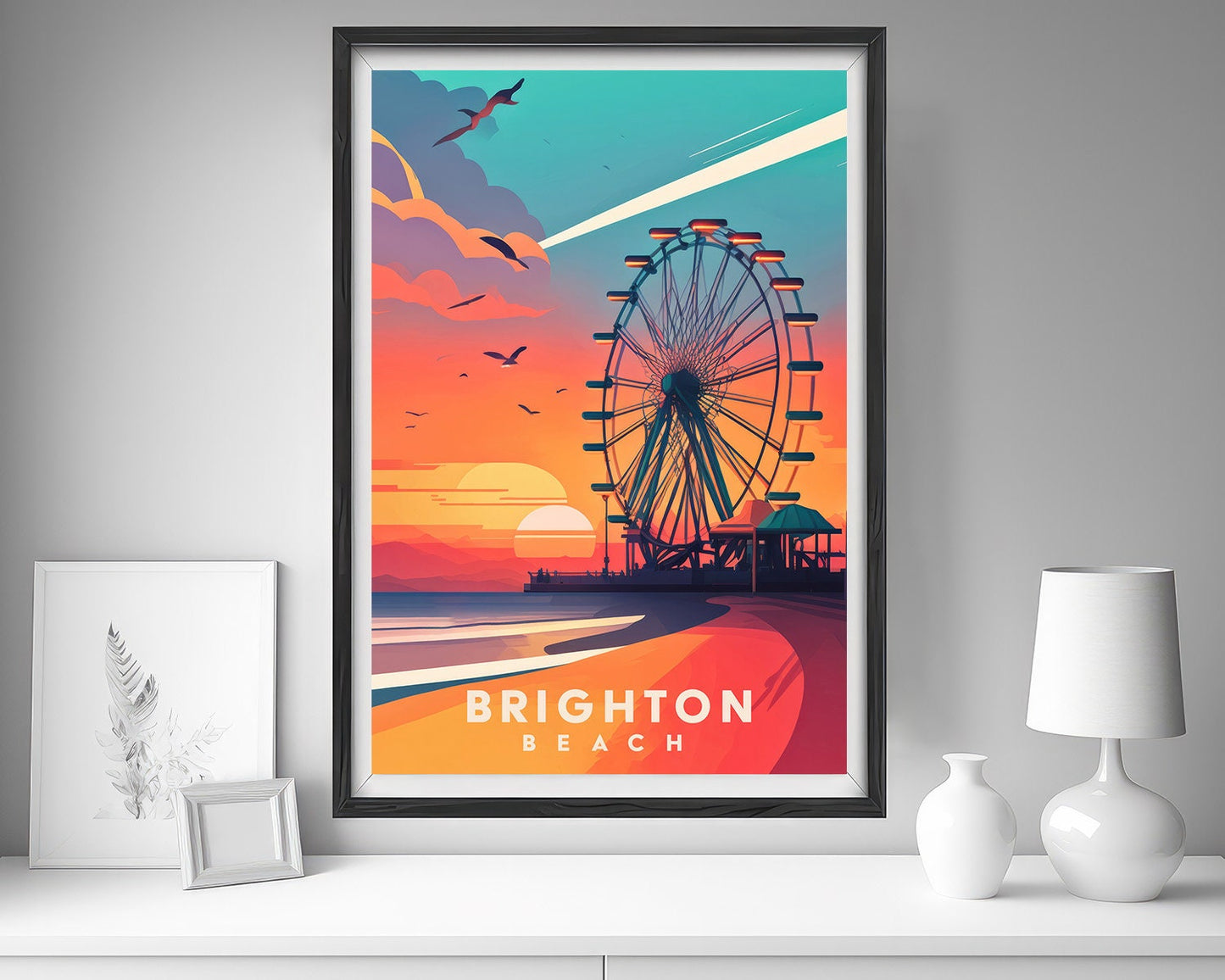 Framed Brighton Beach UK Travel Poster in Portrait orientation, minimal background, close up wall art print 5