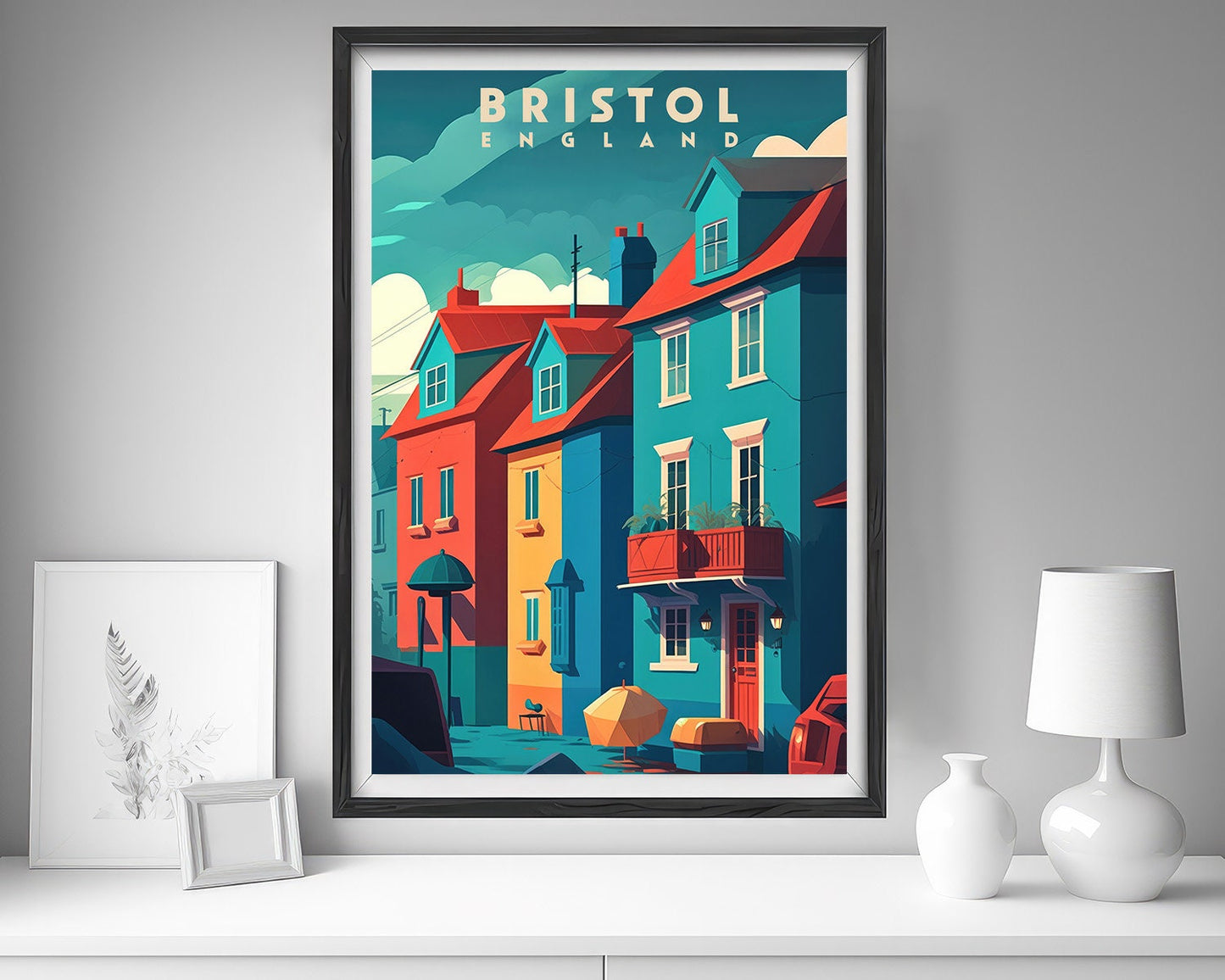 Framed Bristol England Travel Poster in Portrait orientation, minimal background, close up wall art print 5