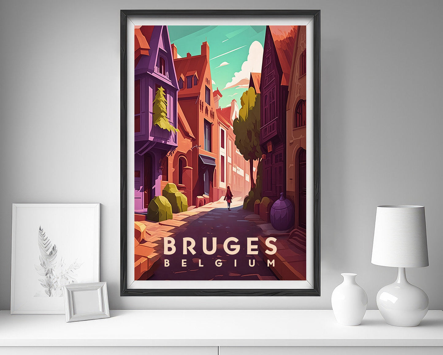 Framed Bruges Belgium Europe Travel Poster in Portrait orientation, minimal background, close up wall art print 5