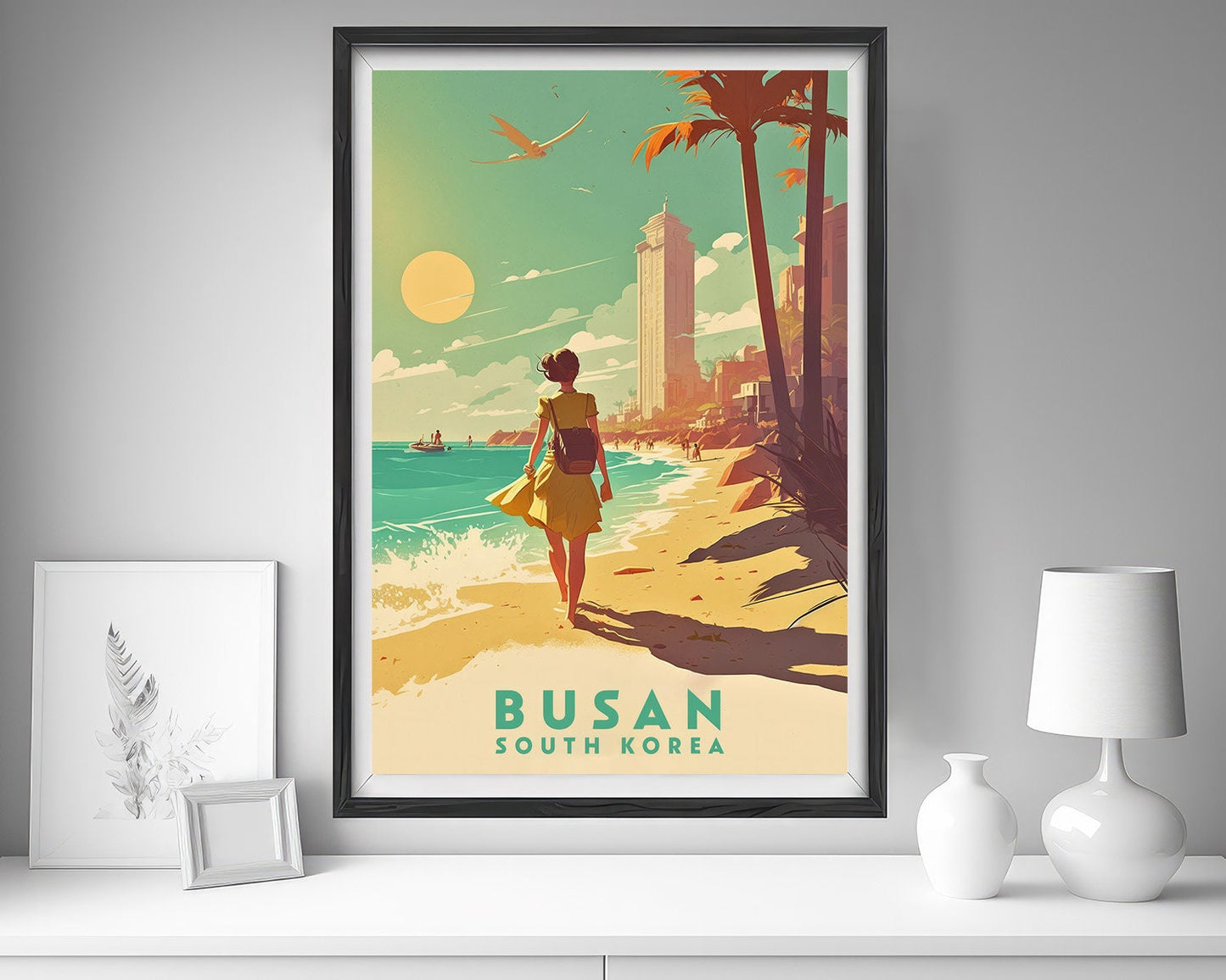 Framed Busan South Korea Travel Poster in Portrait orientation, minimal background, close up wall art print 5