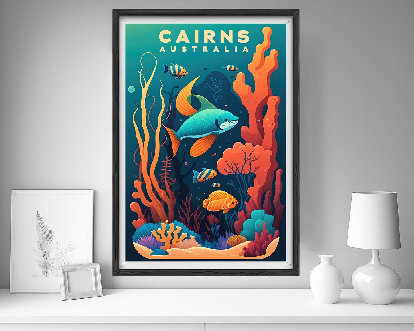 Framed Cairns Australia Great Barrier Reef Travel Poster in Portrait orientation, minimal background, close up wall art print 5