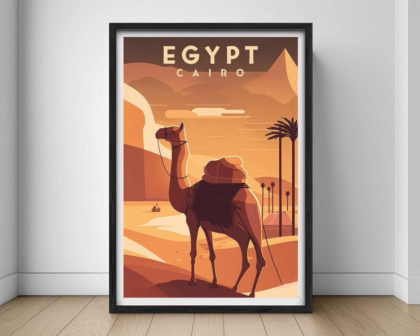 Framed Cairo Egypt Pyramid Travel Poster in Portrait orientation, minimal background, close up wall art print 1