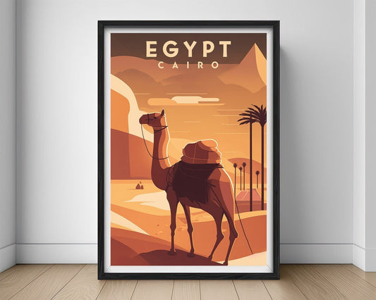 Framed Cairo Egypt Pyramid Travel Poster in Portrait orientation, minimal background, close up wall art print 1
