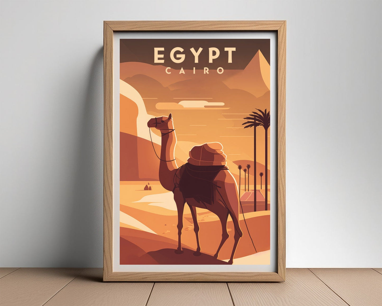 Framed Cairo Egypt Pyramid Travel Poster in Portrait orientation, minimal background, close up wall art print 2