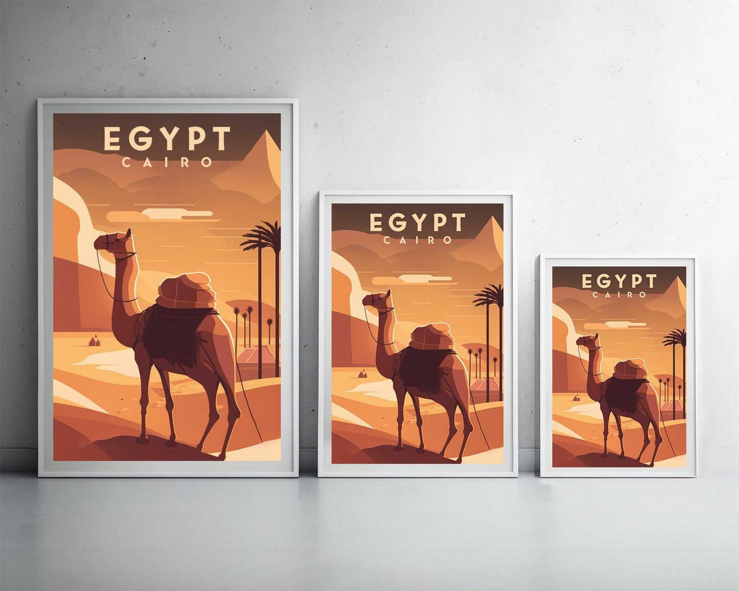 Framed Cairo Egypt Pyramid Travel Poster in Portrait orientation, minimal background, close up wall art print 3