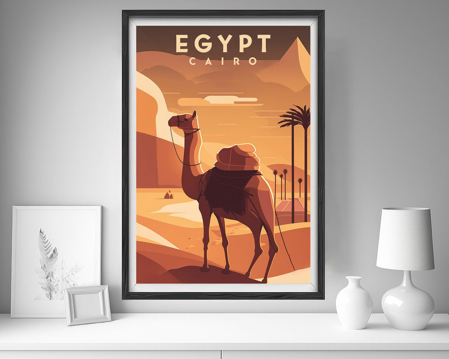 Framed Cairo Egypt Pyramid Travel Poster in Portrait orientation, minimal background, close up wall art print 5
