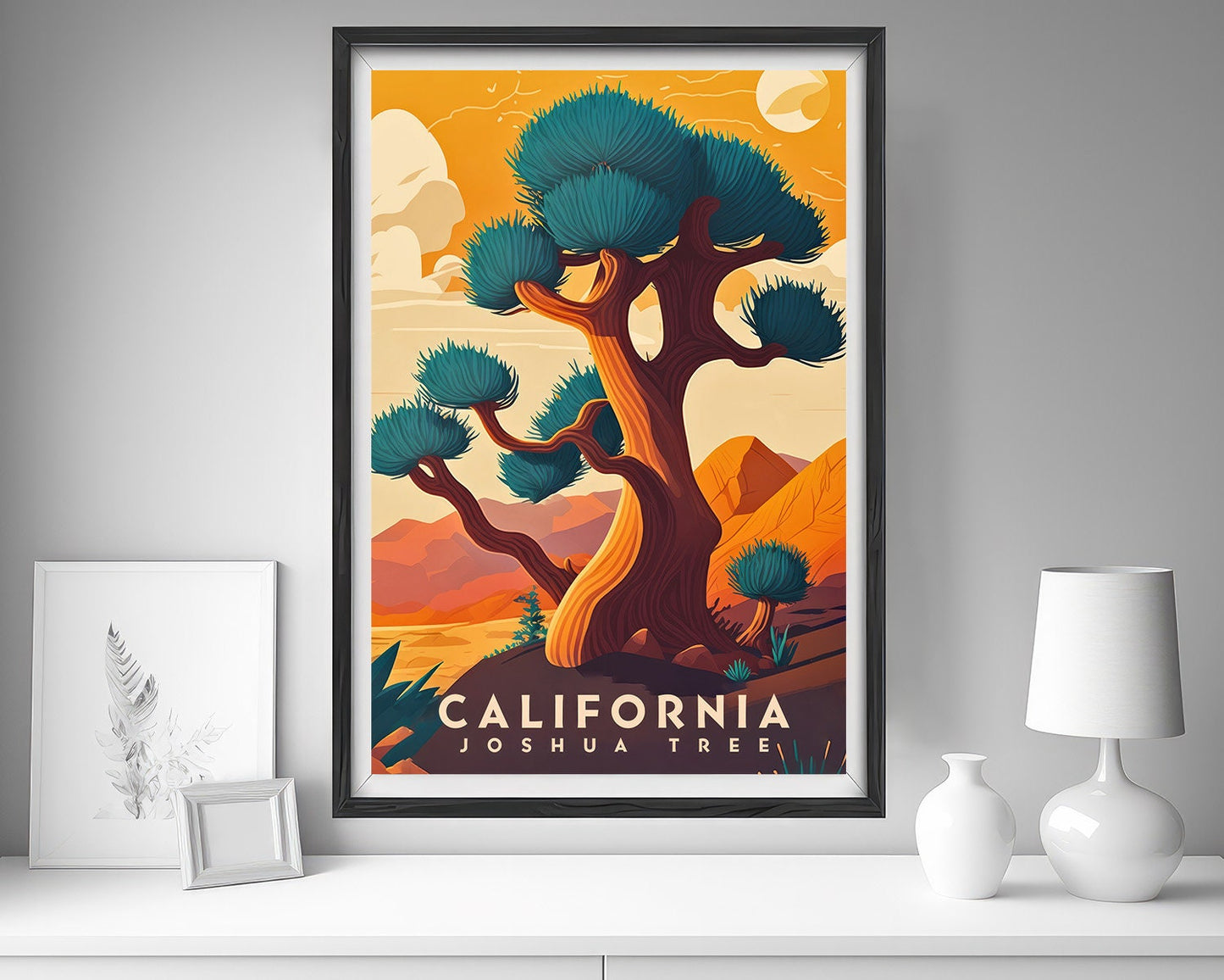 Framed California Joshua Tree Travel Poster in Portrait orientation, minimal background, close up wall art print 5