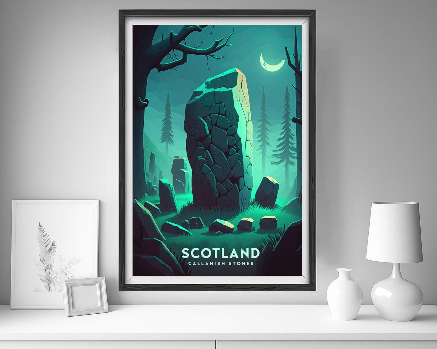 Framed Callanish Stone Scotland Travel Poster in Portrait orientation, minimal background, close up wall art print 5