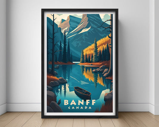 Framed Canada Banff Travel Poster in Portrait orientation, minimal background, close up wall art print 1