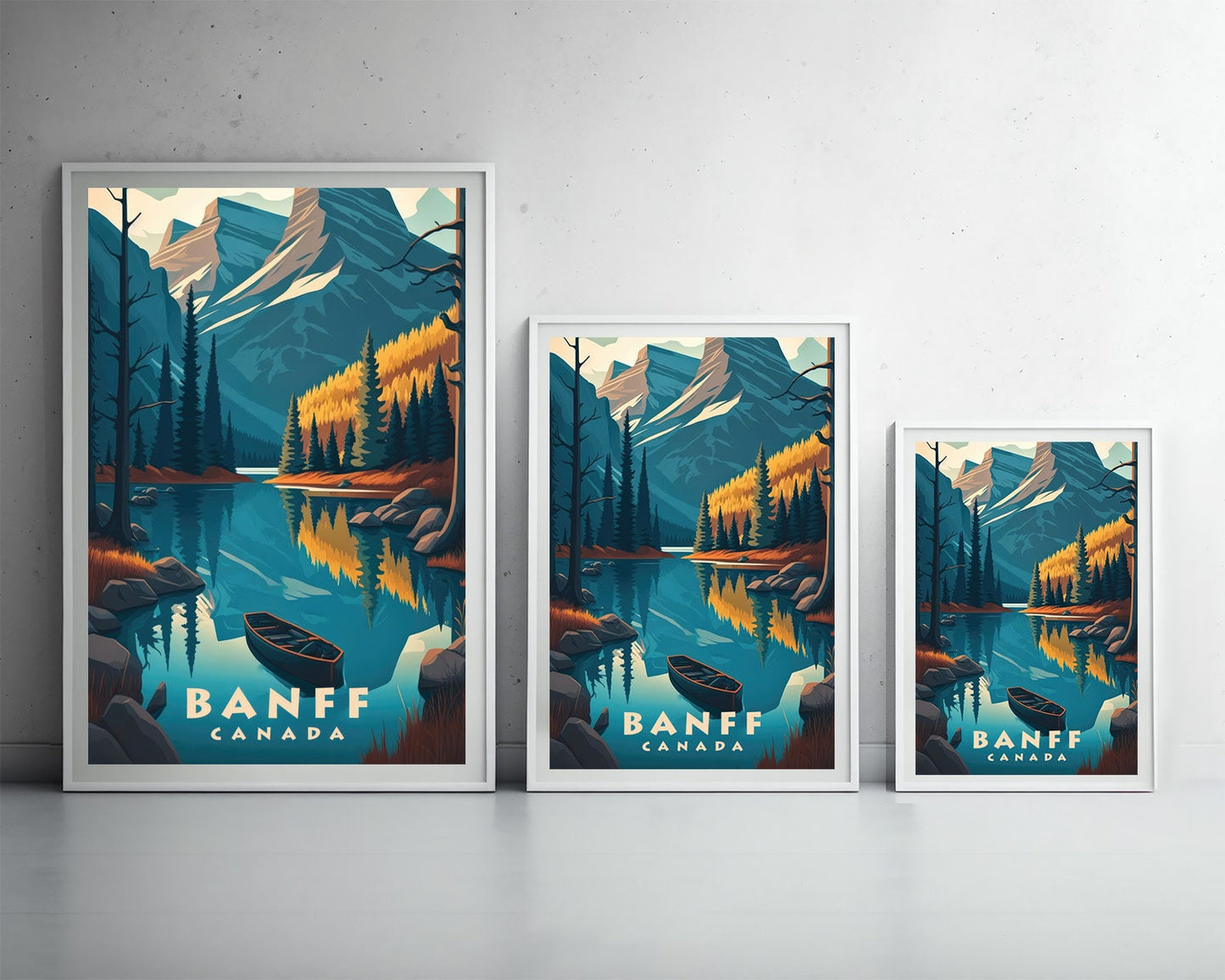 Framed Canada Banff Travel Poster in Portrait orientation, minimal background, close up wall art print 5
