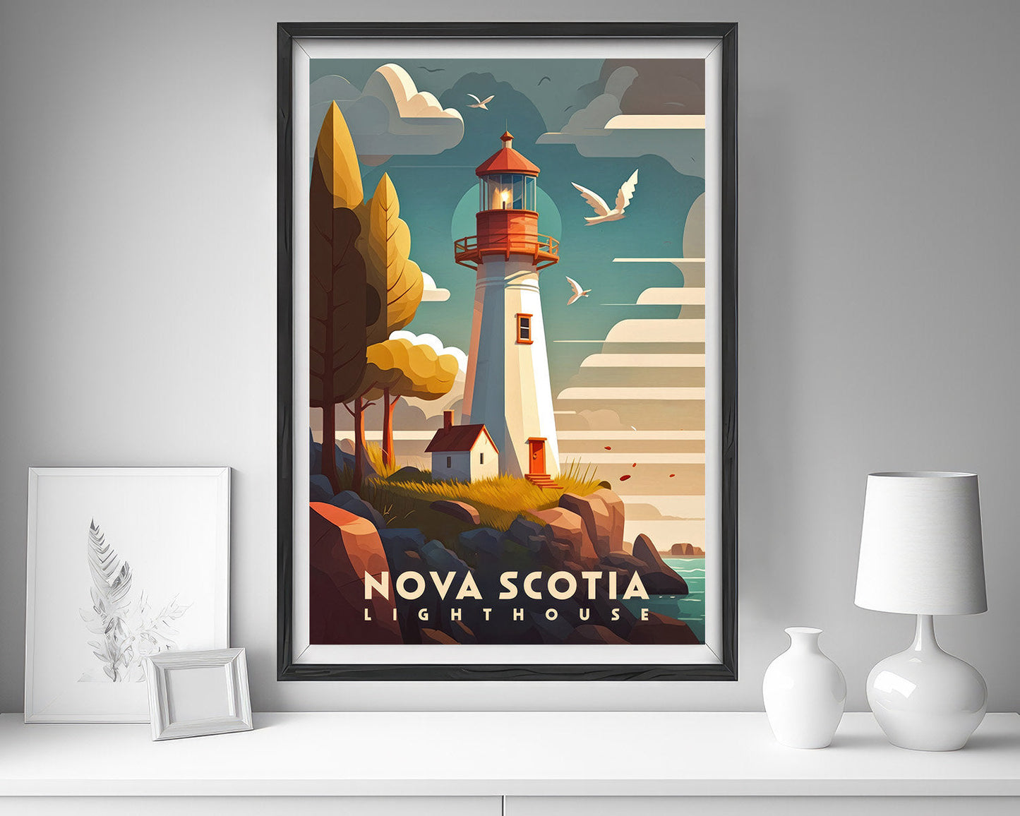 Framed Canada Lighthouse Nova Scotia Travel Poster in Portrait orientation, minimal background, close up wall art print 5
