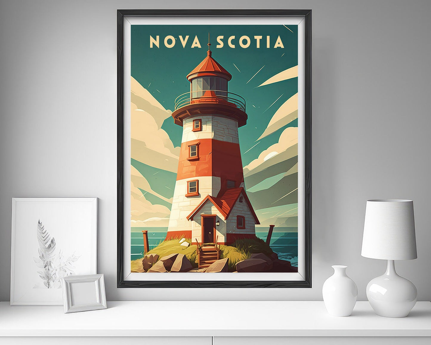 Framed Canada Nova Scotia Beach Travel Poster in Portrait orientation, minimal background, close up wall art print 5