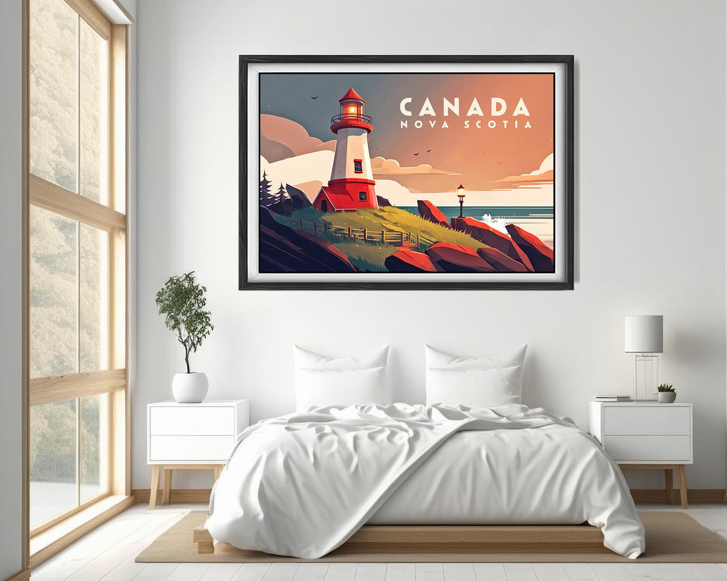 Framed Canada Nova Scotia Lighthouse Travel Poster in Landscape orientation, minimal background, close up wall art print 4