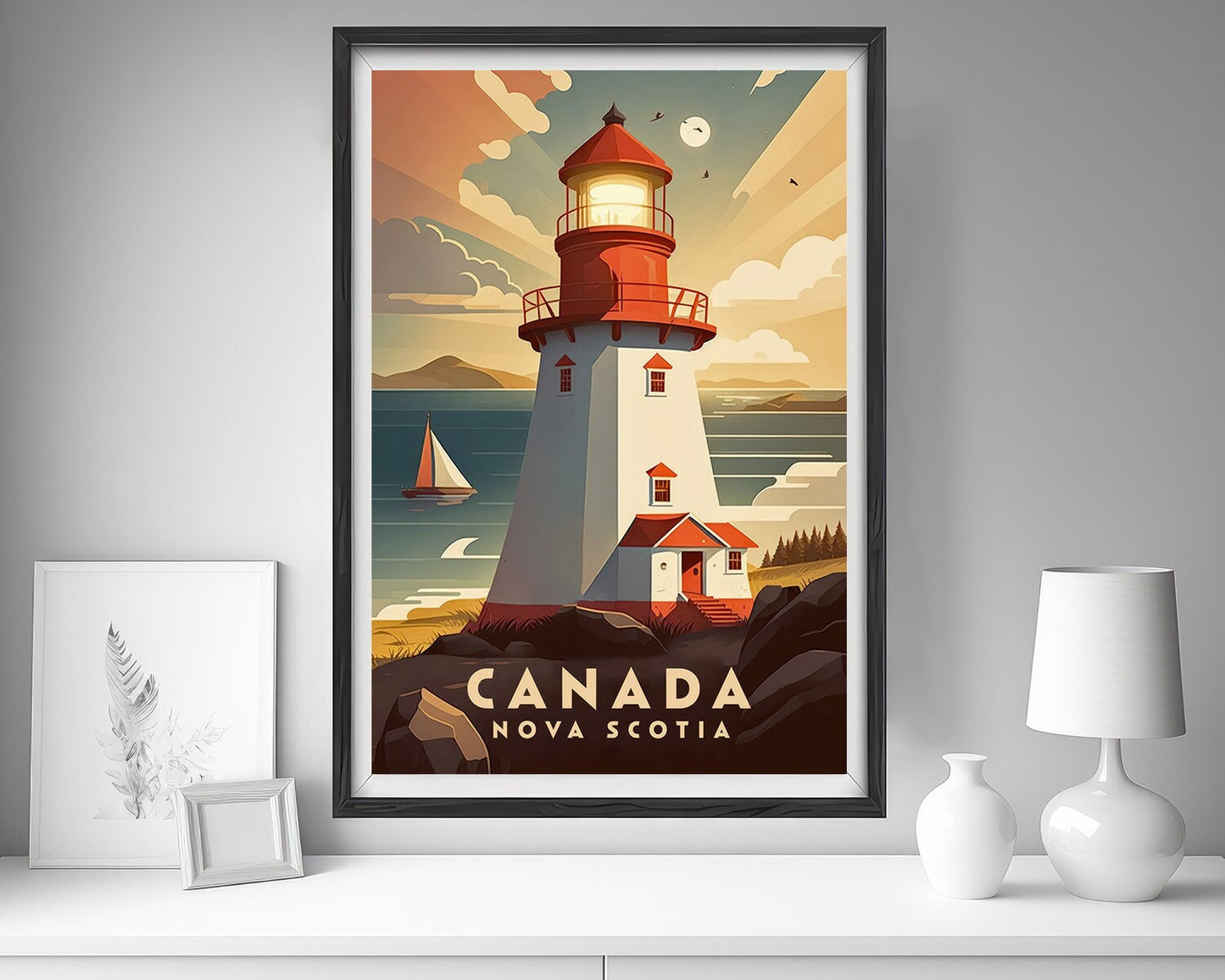Framed Canada Nova Scotia Travel Poster in Portrait orientation, minimal background, close up wall art print 5