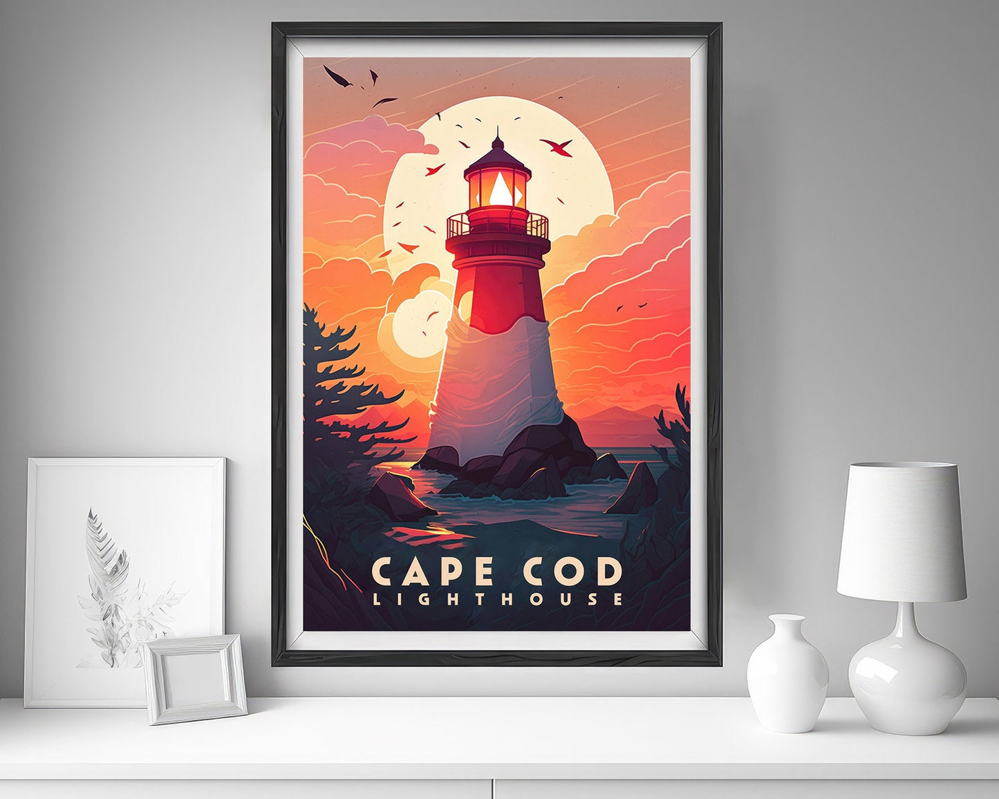 Framed Cape Cod Massachusetts Travel Poster in Portrait orientation, minimal background, close up wall art print 5