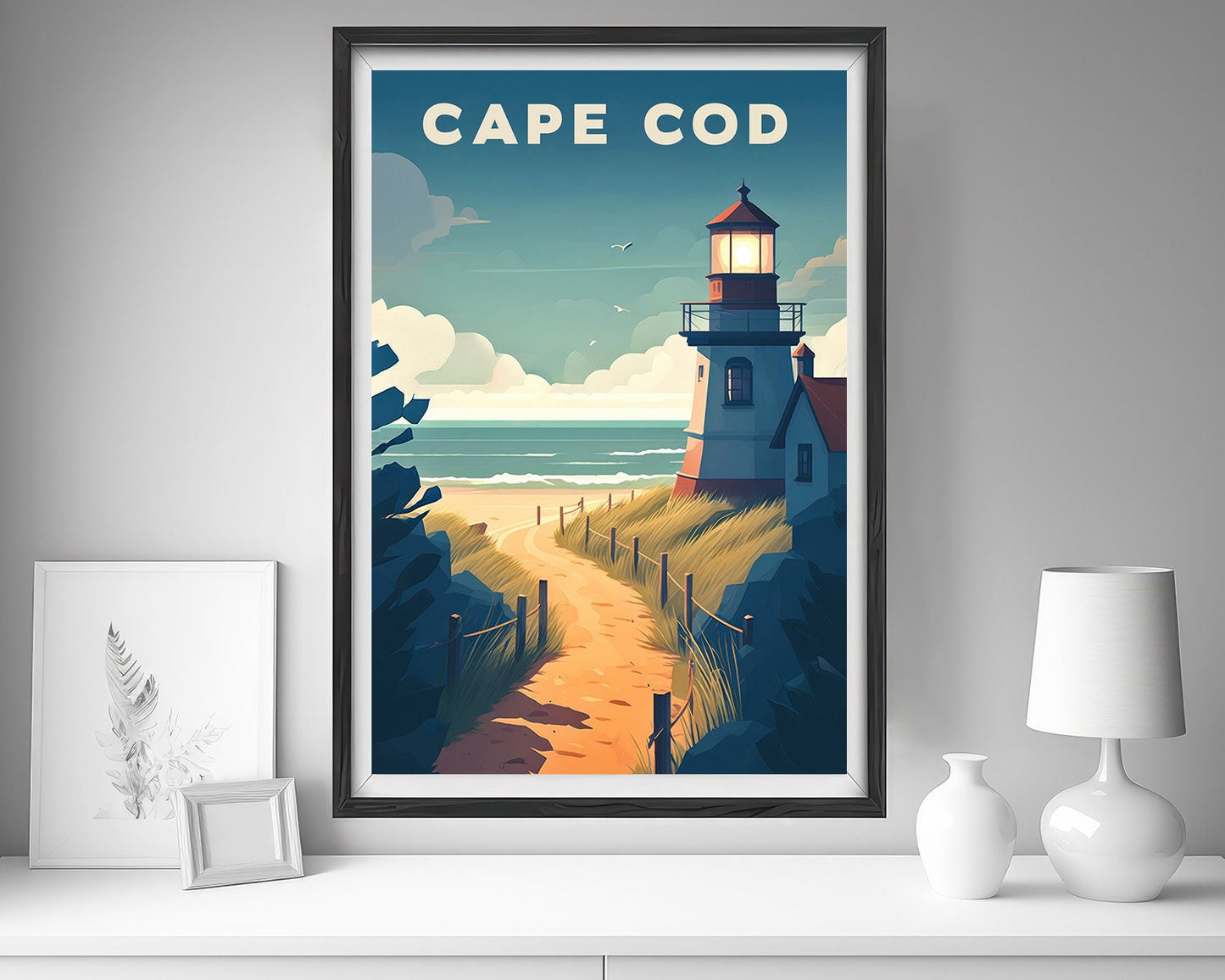 Framed Cape Cod Massachusetts USA Travel Poster in Portrait orientation, minimal background, close up wall art print 5