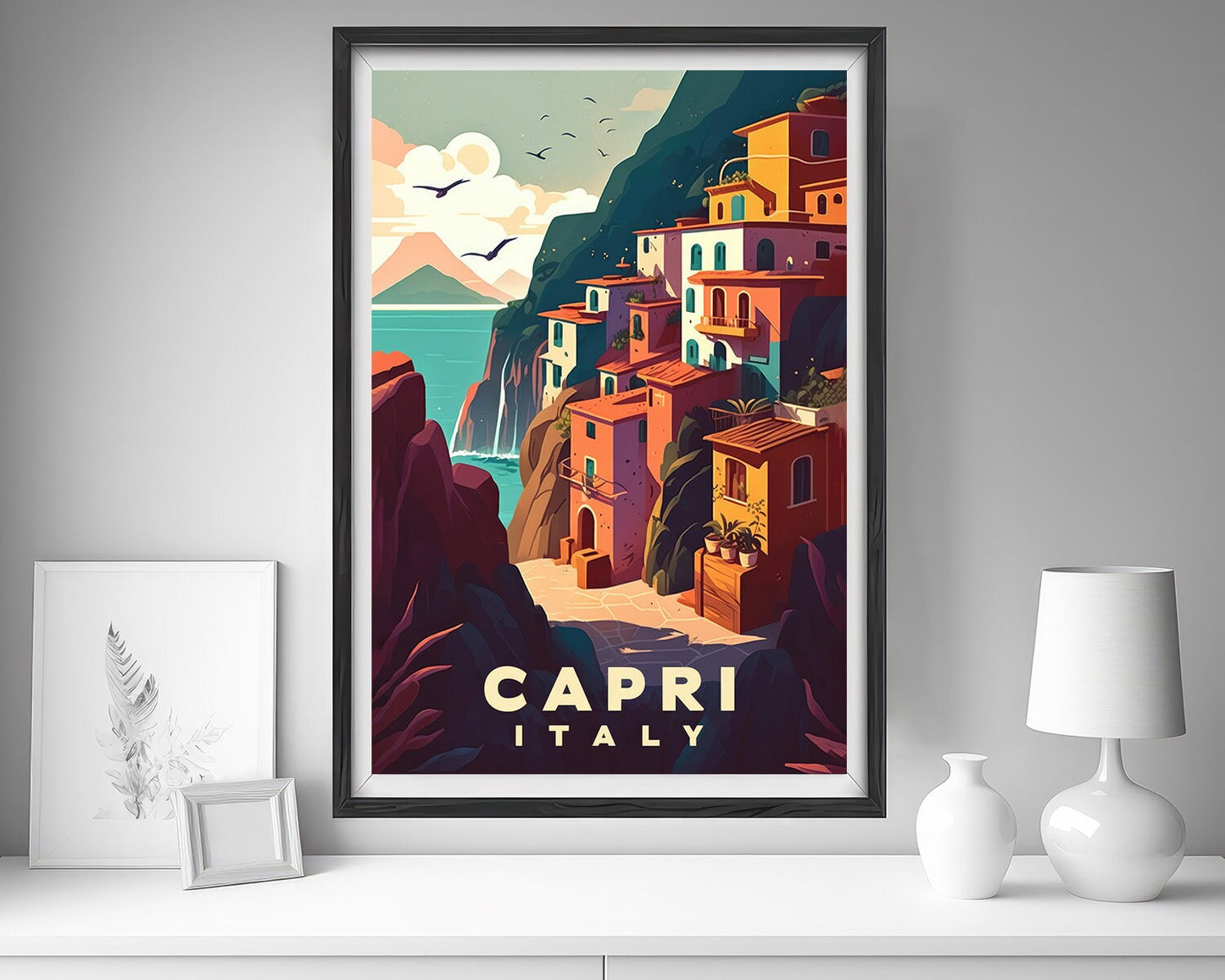 Framed Capri Italy Travel Poster in Portrait orientation, minimal background, close up wall art print 5