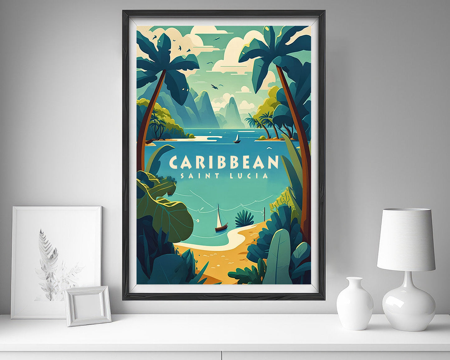 Framed Caribbean Saint Lucia Travel Poster in Portrait orientation, minimal background, close up wall art print 5