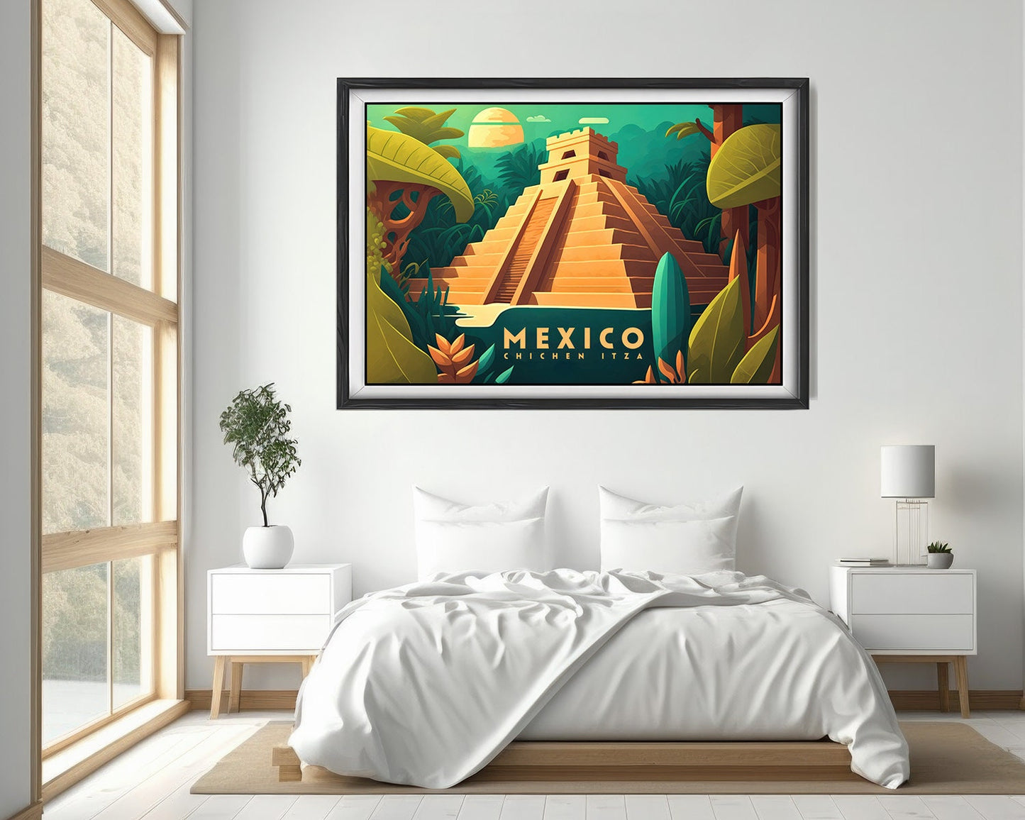 Framed Chichen Itza Mexico Pyramid Travel Poster in Landscape orientation, minimal background, close up wall art print 4
