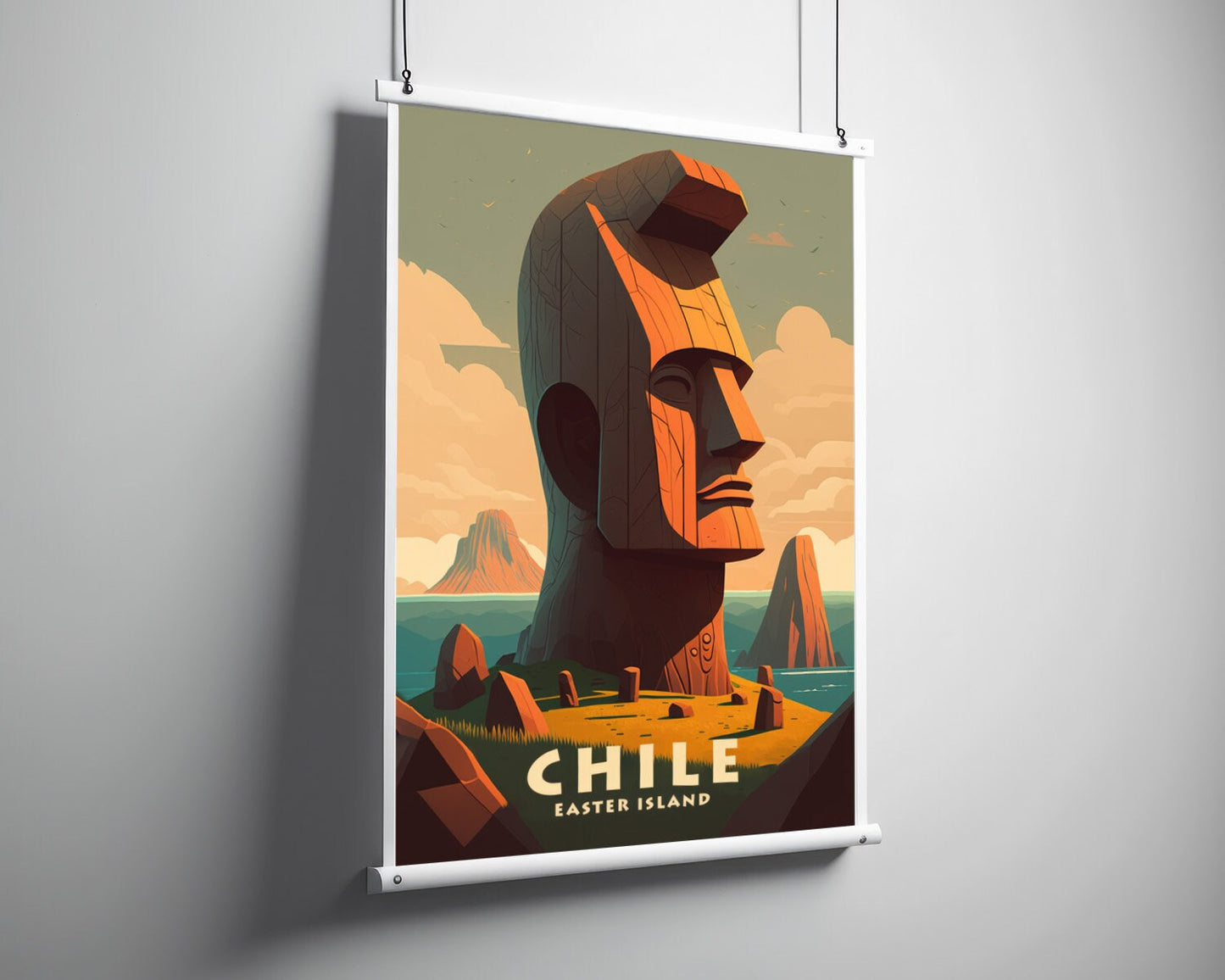 Framed Chile Easter Island Travel Poster in Portrait orientation, minimal background, close up wall art print 5