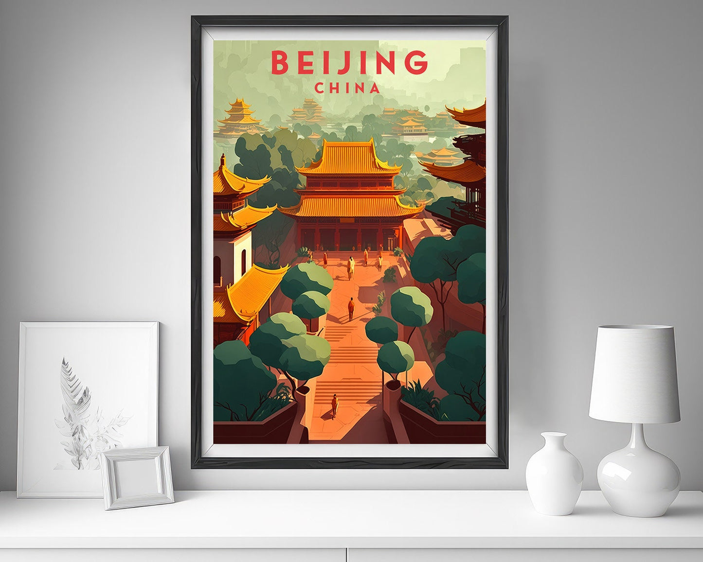 Framed China Forbidden City Travel Poster in Portrait orientation, minimal background, close up wall art print 5
