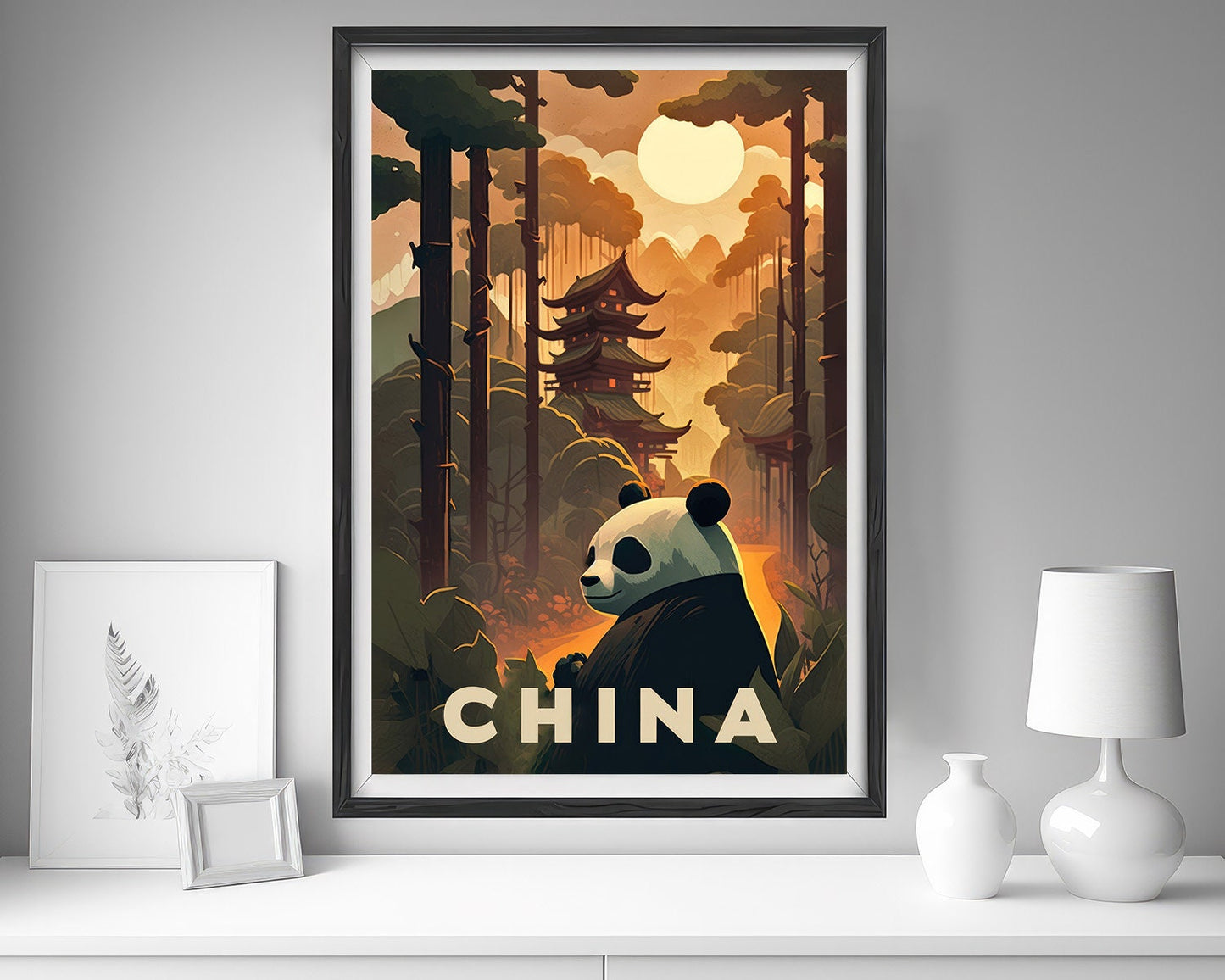 Framed China Panda Travel Poster in Portrait orientation, minimal background, close up wall art print 5