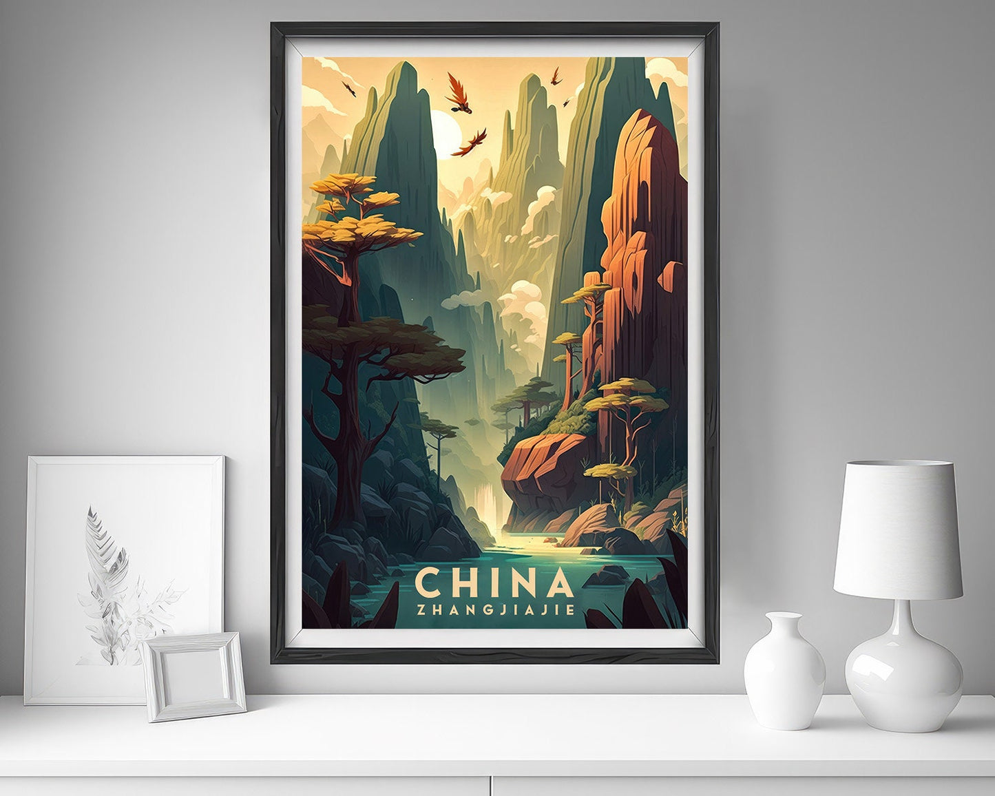 Framed China Zhangjiajie Travel Poster in Portrait orientation, minimal background, close up wall art print 5