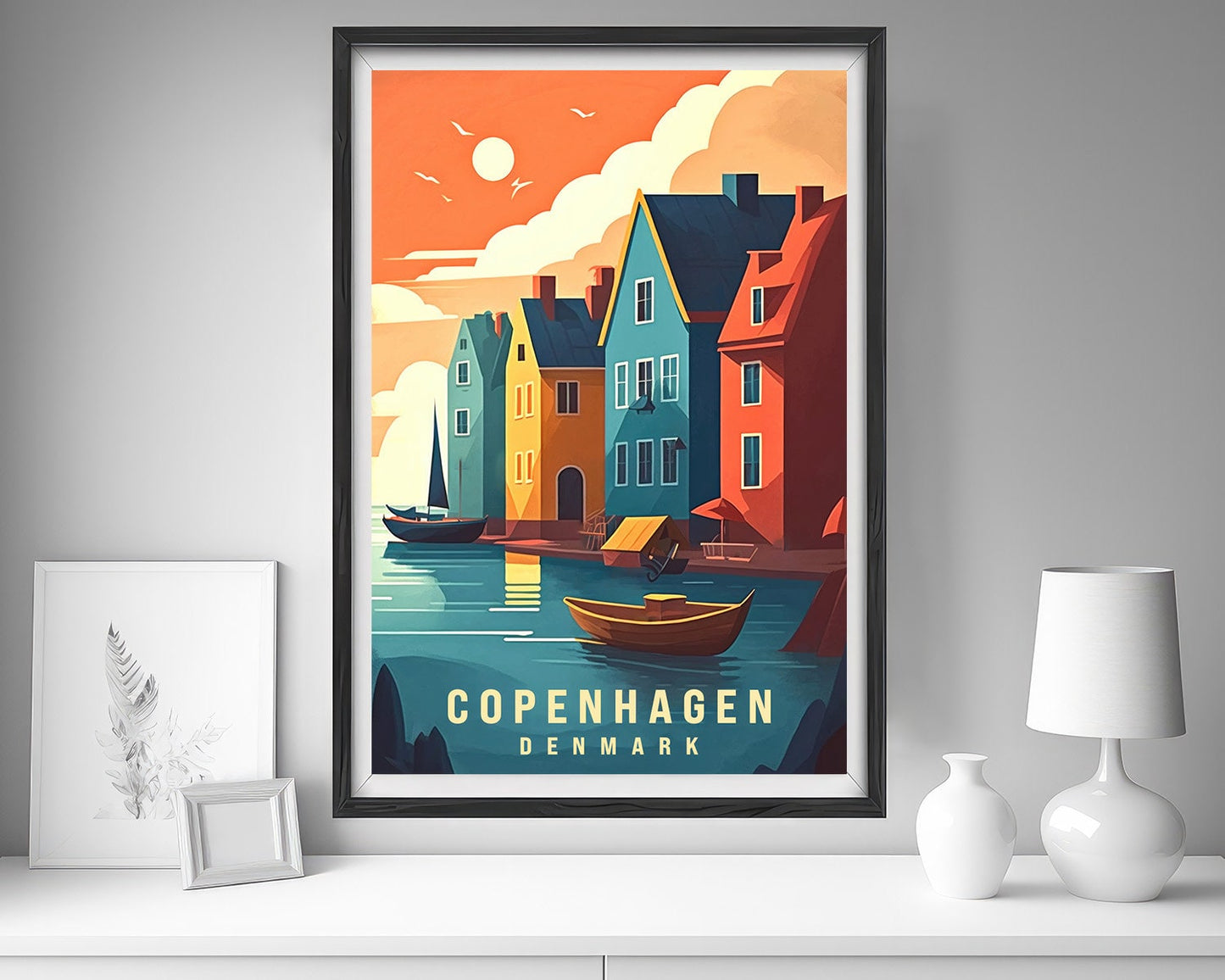 Framed Copenhagen Denmark Travel Poster in Portrait orientation, minimal background, close up wall art print 5