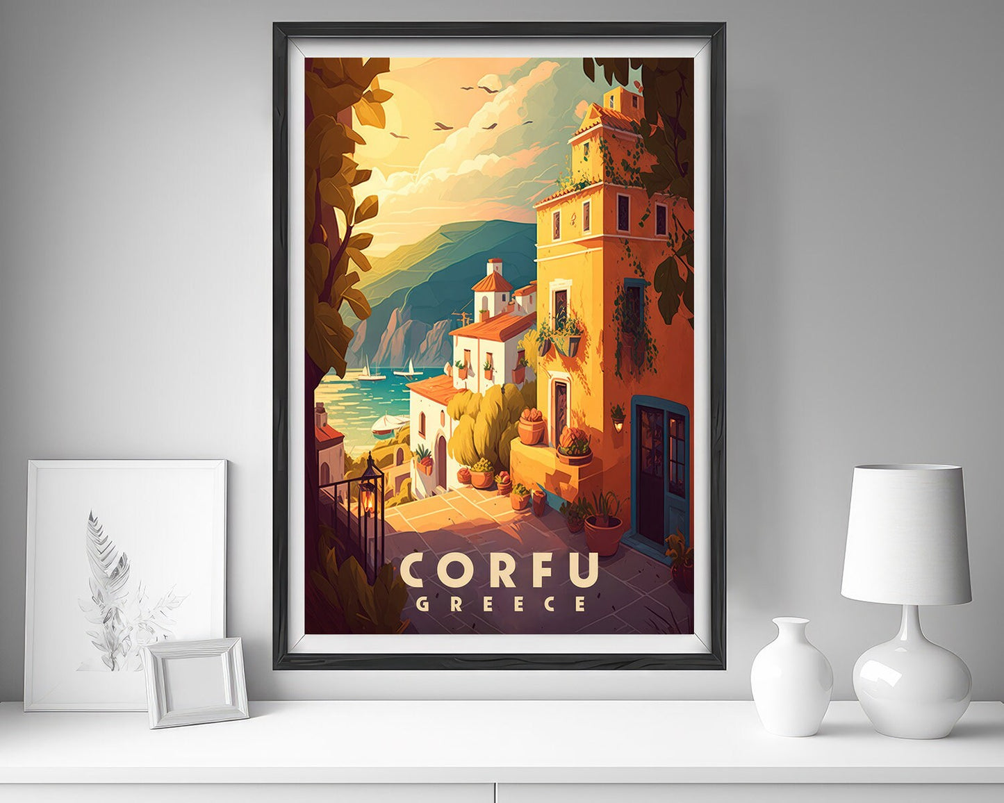 Framed Corfu Greece Europe Travel Poster in Portrait orientation, minimal background, close up wall art print 5