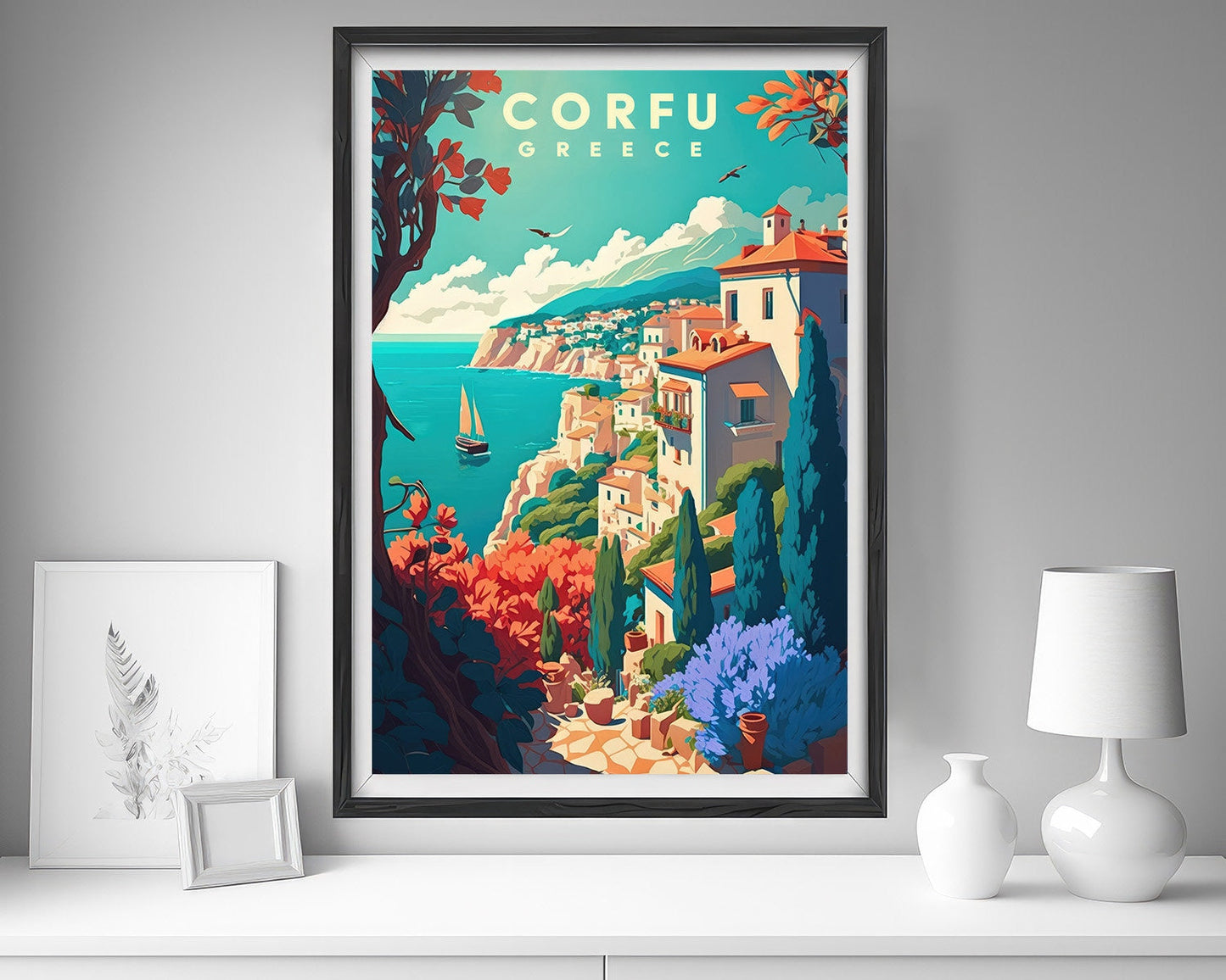 Framed Corfu Greece Travel Poster in Portrait orientation, minimal background, close up wall art print 5