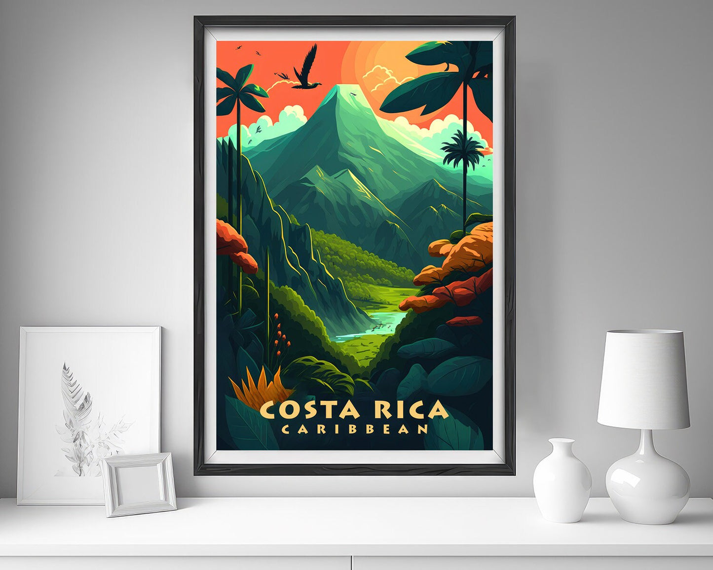 Framed Costa Rica Caribbean Travel Poster in Portrait orientation, minimal background, close up wall art print 5