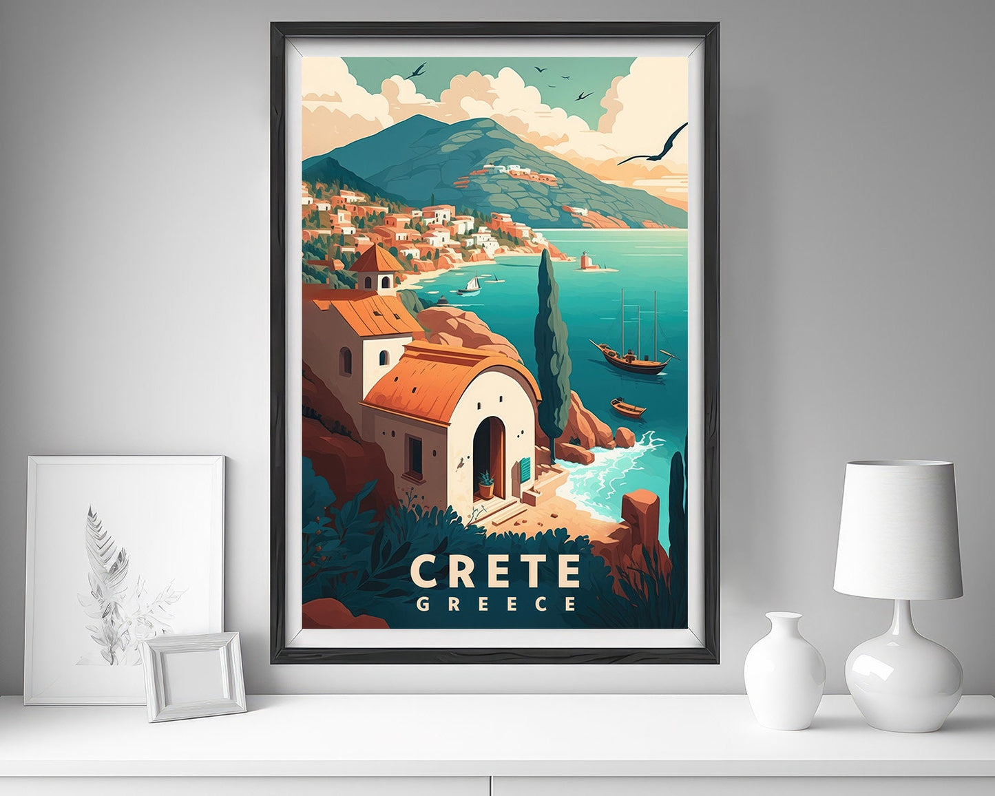 Framed Crete Greece Travel Poster in Portrait orientation, minimal background, close up wall art print 5