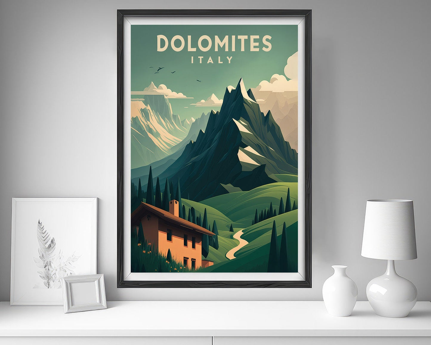 Framed Dolomites Italy Europe Travel Poster in Portrait orientation, minimal background, close up wall art print 5