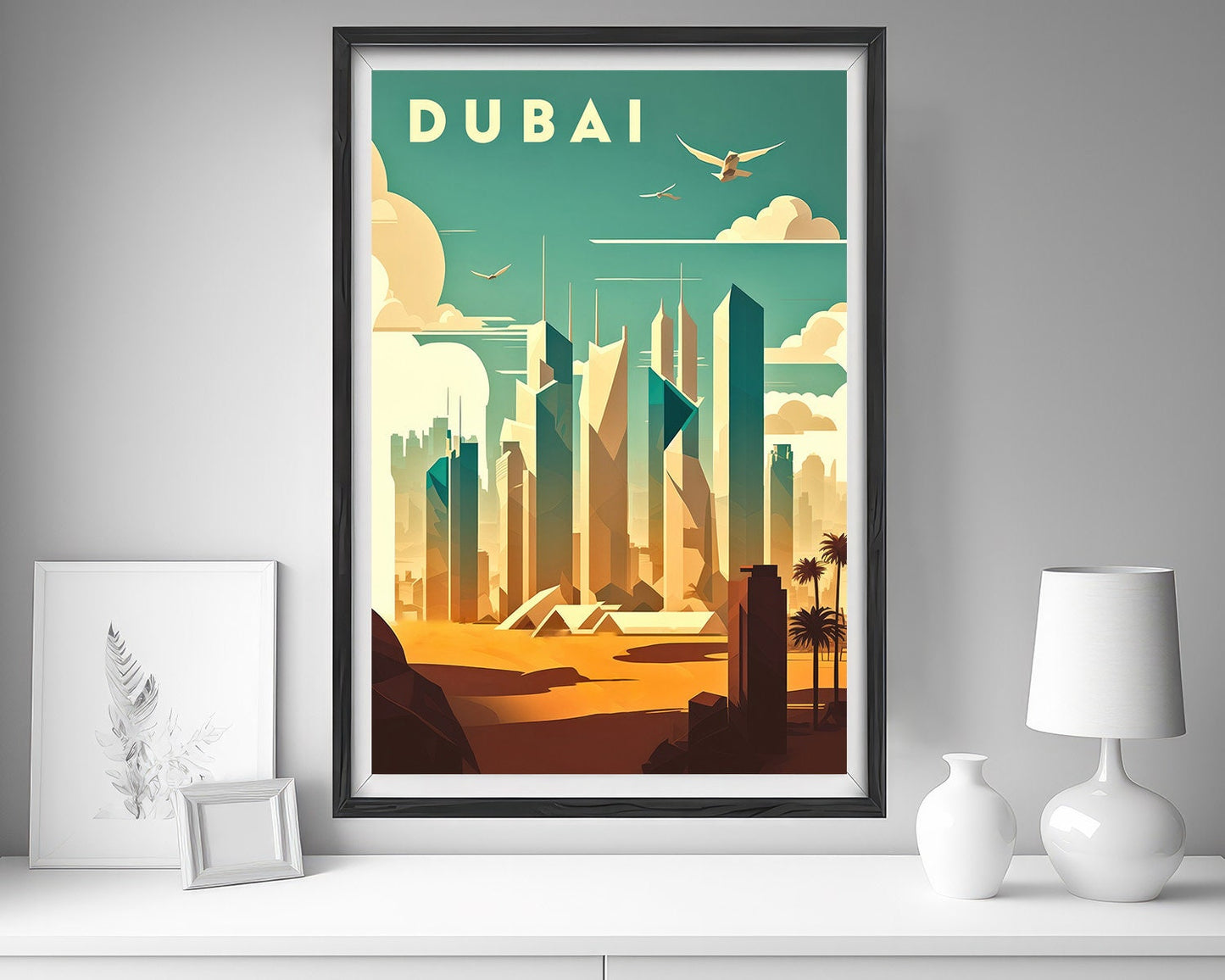 Framed Dubai Travel Poster in Portrait orientation, minimal background, close up wall art print 5
