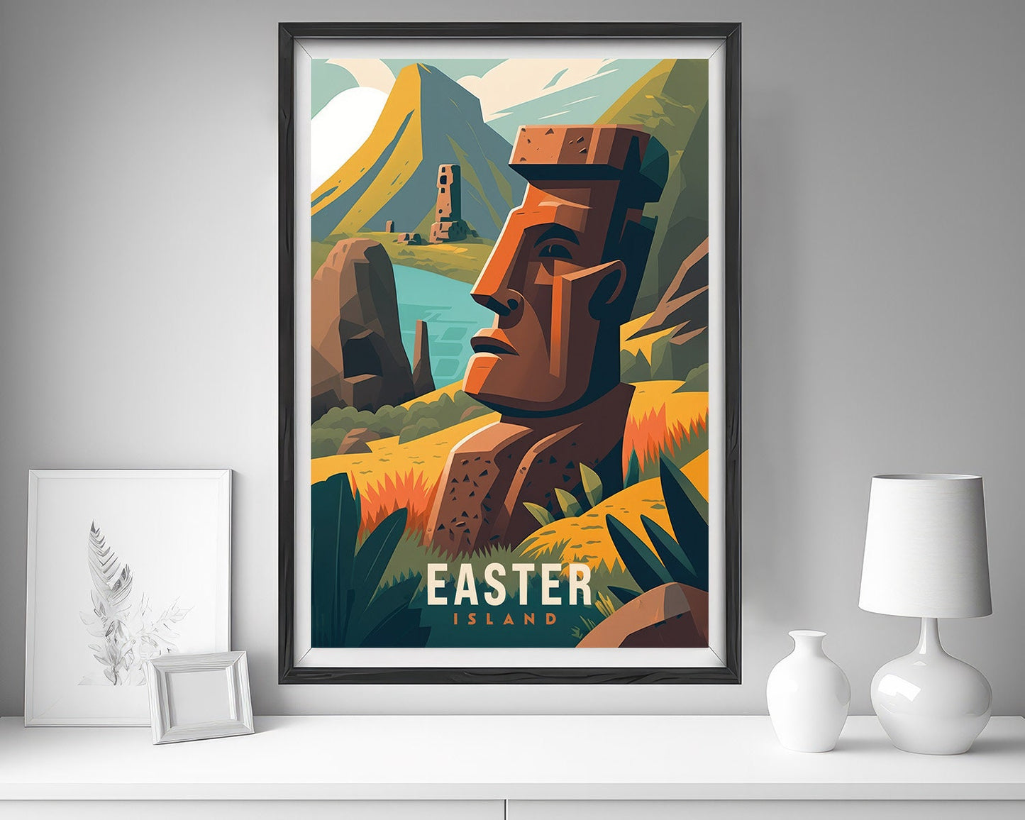 Framed Easter Island Chile Travel Poster in Portrait orientation, minimal background, close up wall art print 5