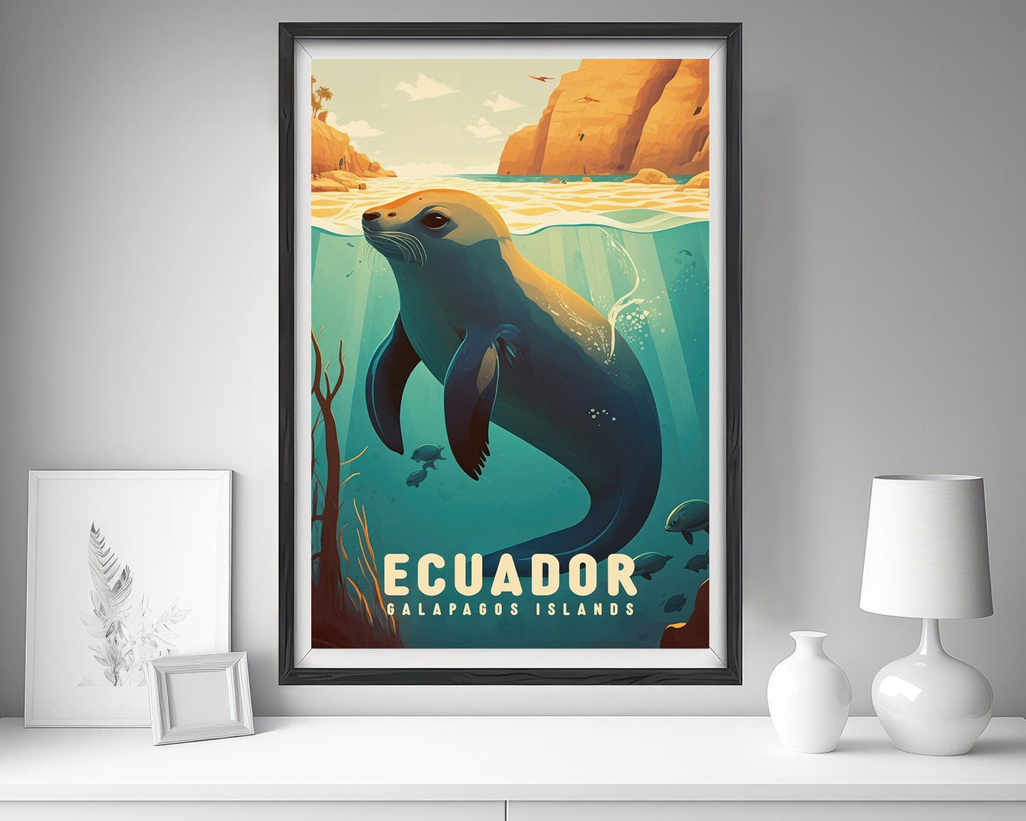 Framed Ecuador Galapagos Island Travel Poster in Portrait orientation, minimal background, close up wall art print 5