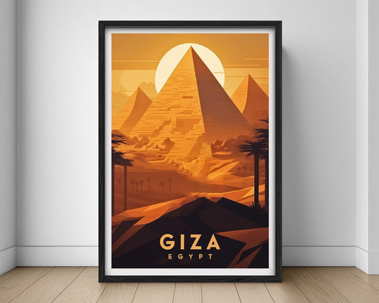 Framed Egypt Giza Travel Poster in Portrait orientation, minimal background, close up wall art print 1