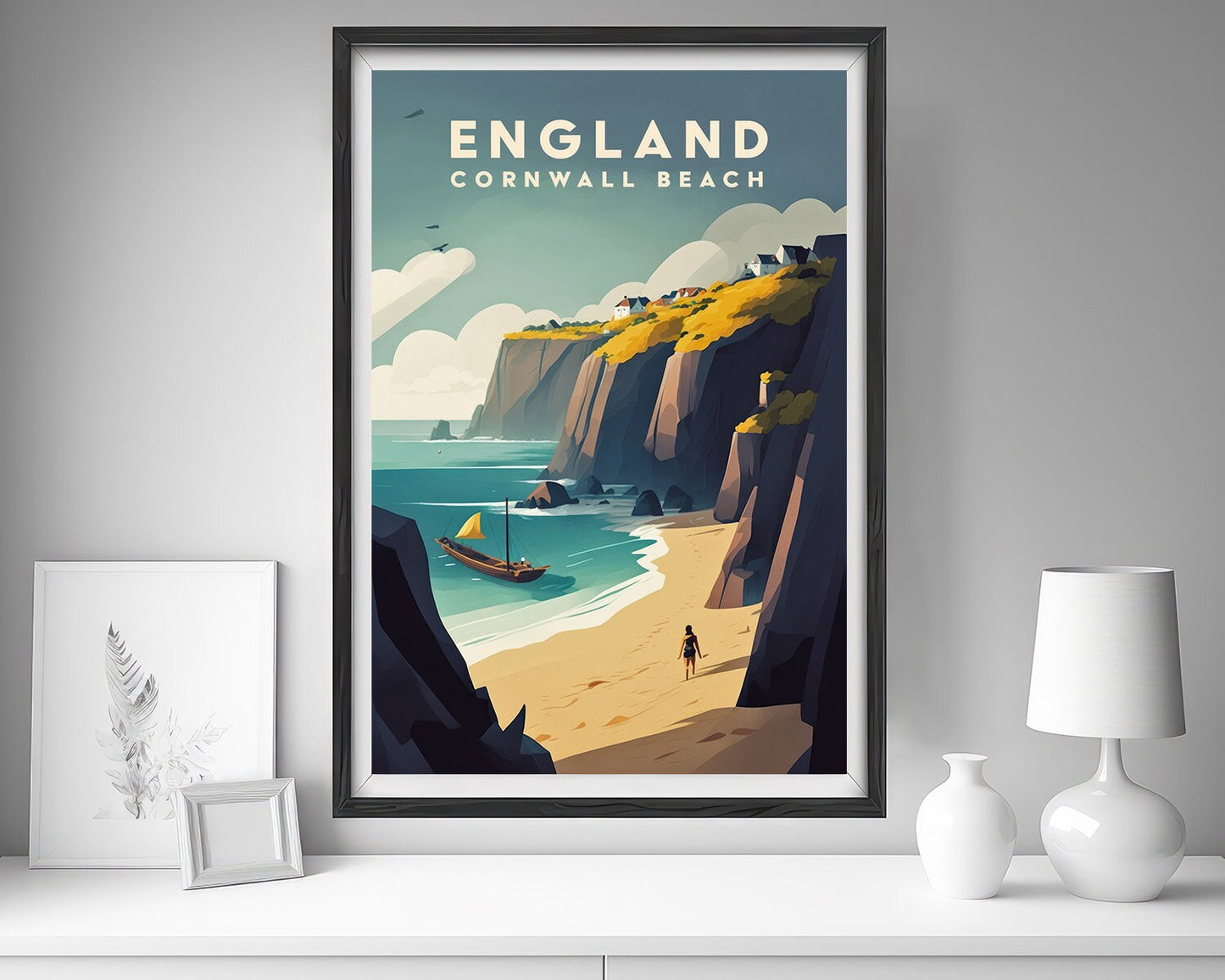 Framed England Cornwall Beach Travel Poster in Portrait orientation, minimal background, close up wall art print 5